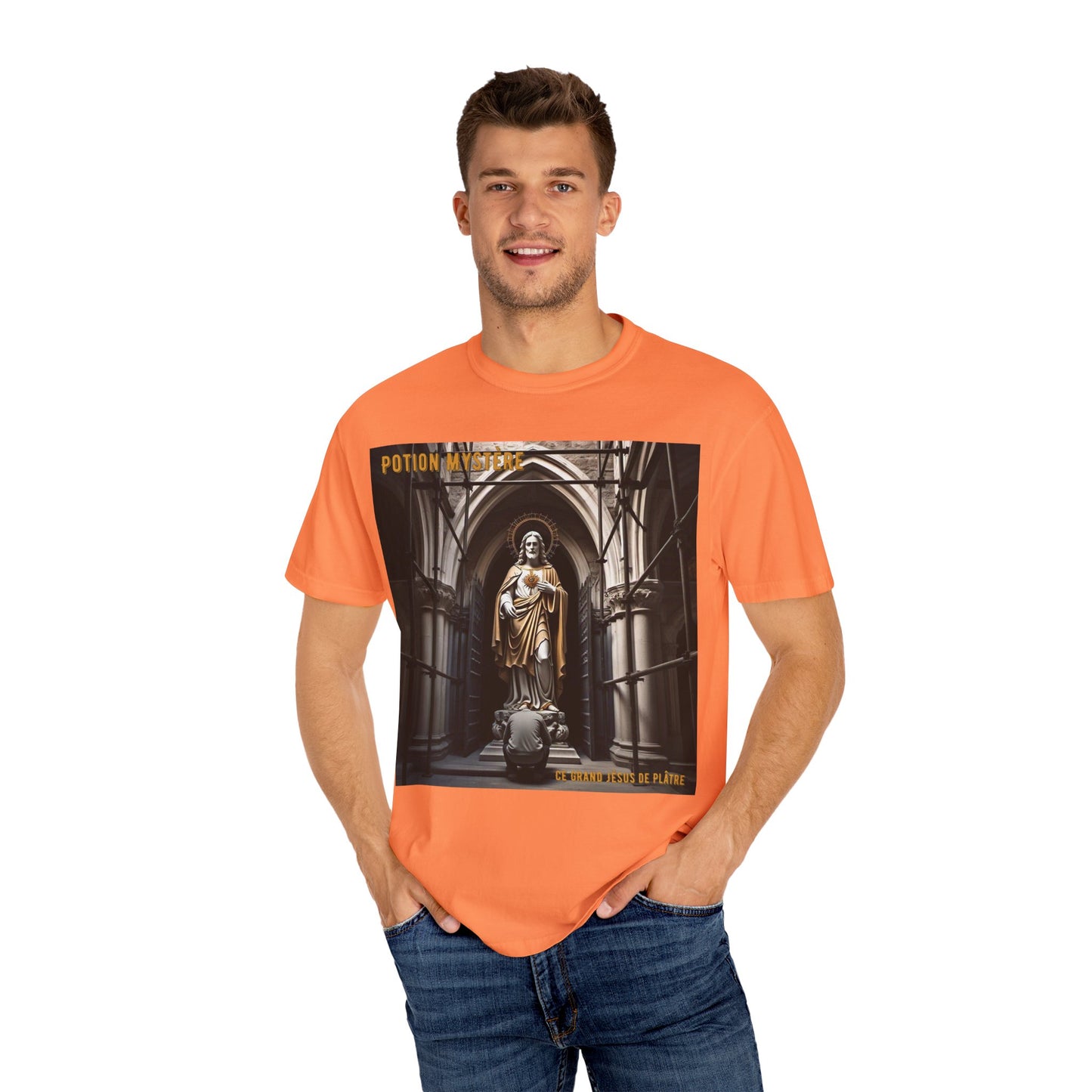 Mystical Potion Jesus Statue T-Shirt - Unisex, Relaxed Fit, Perfect for Festivals, Gifts, Everyday Wear, Unique Art Design