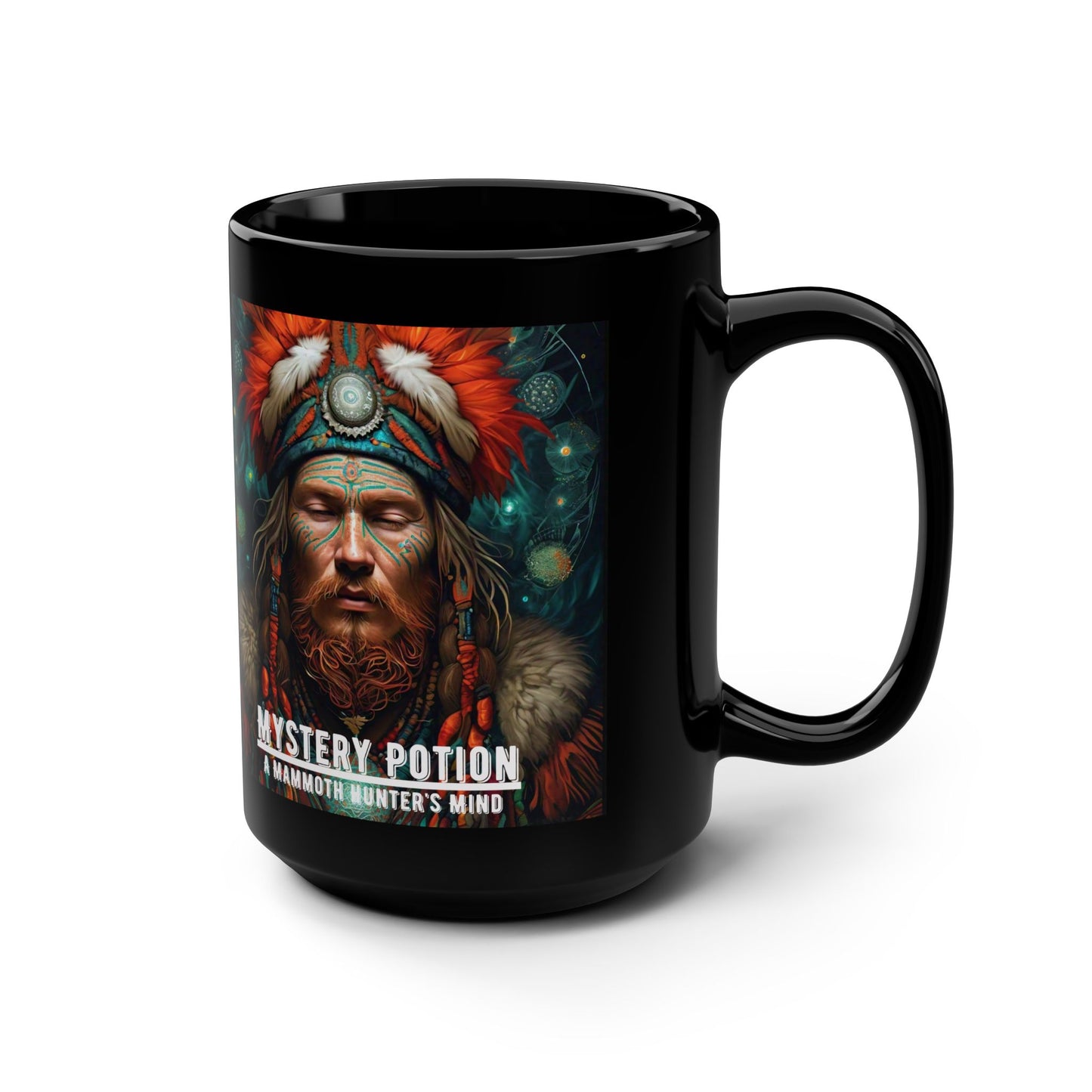 'A Mammoth Hunter's Mind' by Mystery Potion Mystical Warrior Shaman Mug: 15oz Black Coffee Cup, Unique Gift for Nature Lovers, Fantasy Enthusiasts, Birthday, and Holidays