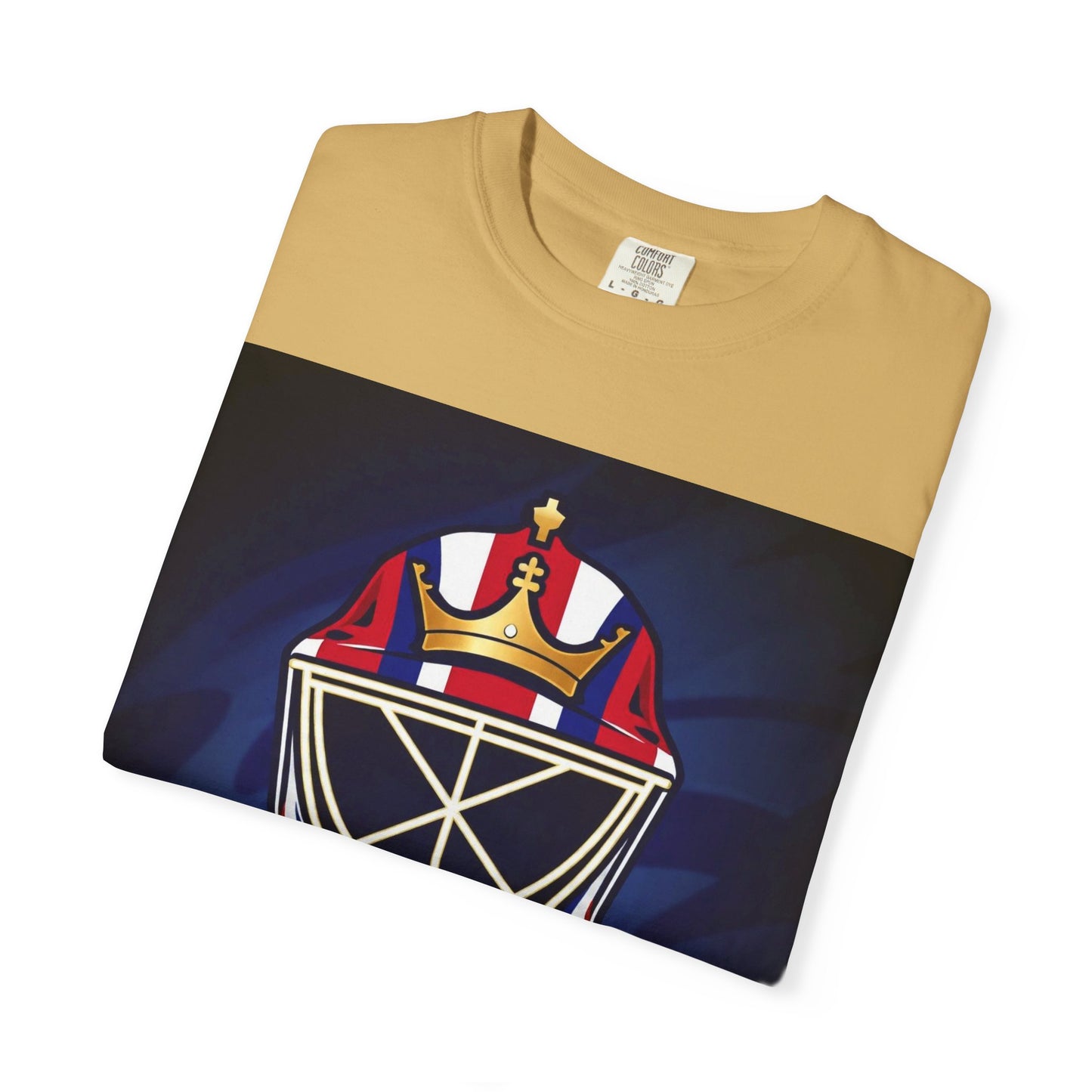 Regal Crown Goalie Mask Graphic T-shirt, Unisex Fashion Tee, Red, White and Blue Casual Wear, Gift for Her/Him, Summer Style, Graphic Apparel, Streetwear