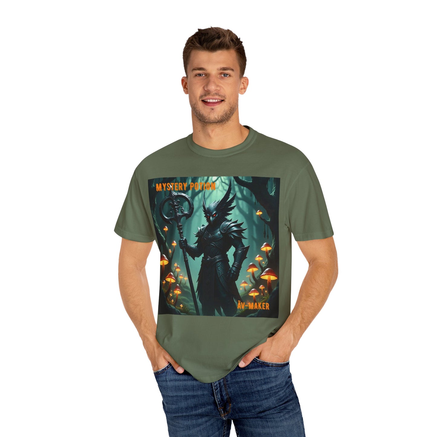 Mystical Āv-Maker Unisex Garment-Dyed T-shirt, Fantasy Apparel, Gift for Gamers, Witchy T-shirt, Mystery Potion Design, Unisex Tee