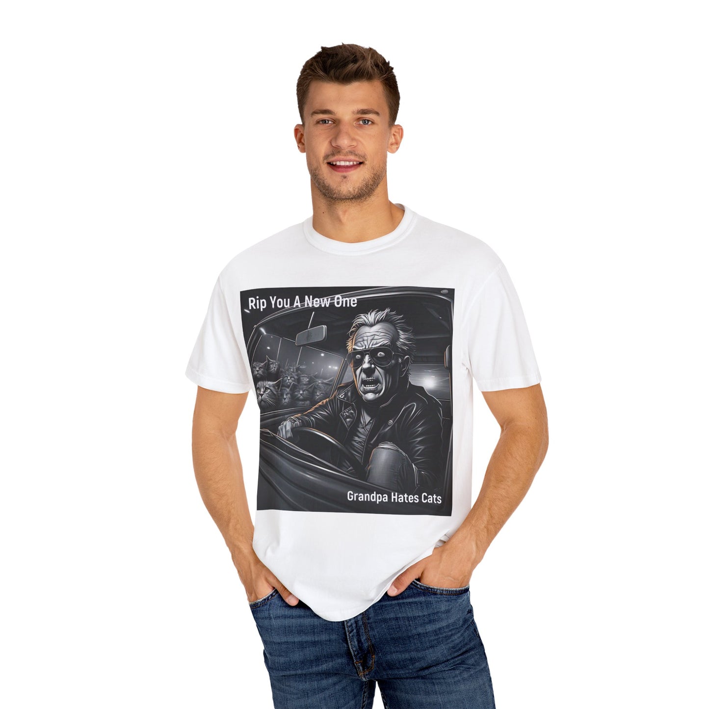 'Grandpa Hates Cats' by Rip You A New One, Humorous Cat Lover T-shirt, Vintage Graphic Tee Shirt, Funny Gift for Cat Owners, Unisex Casual Wear