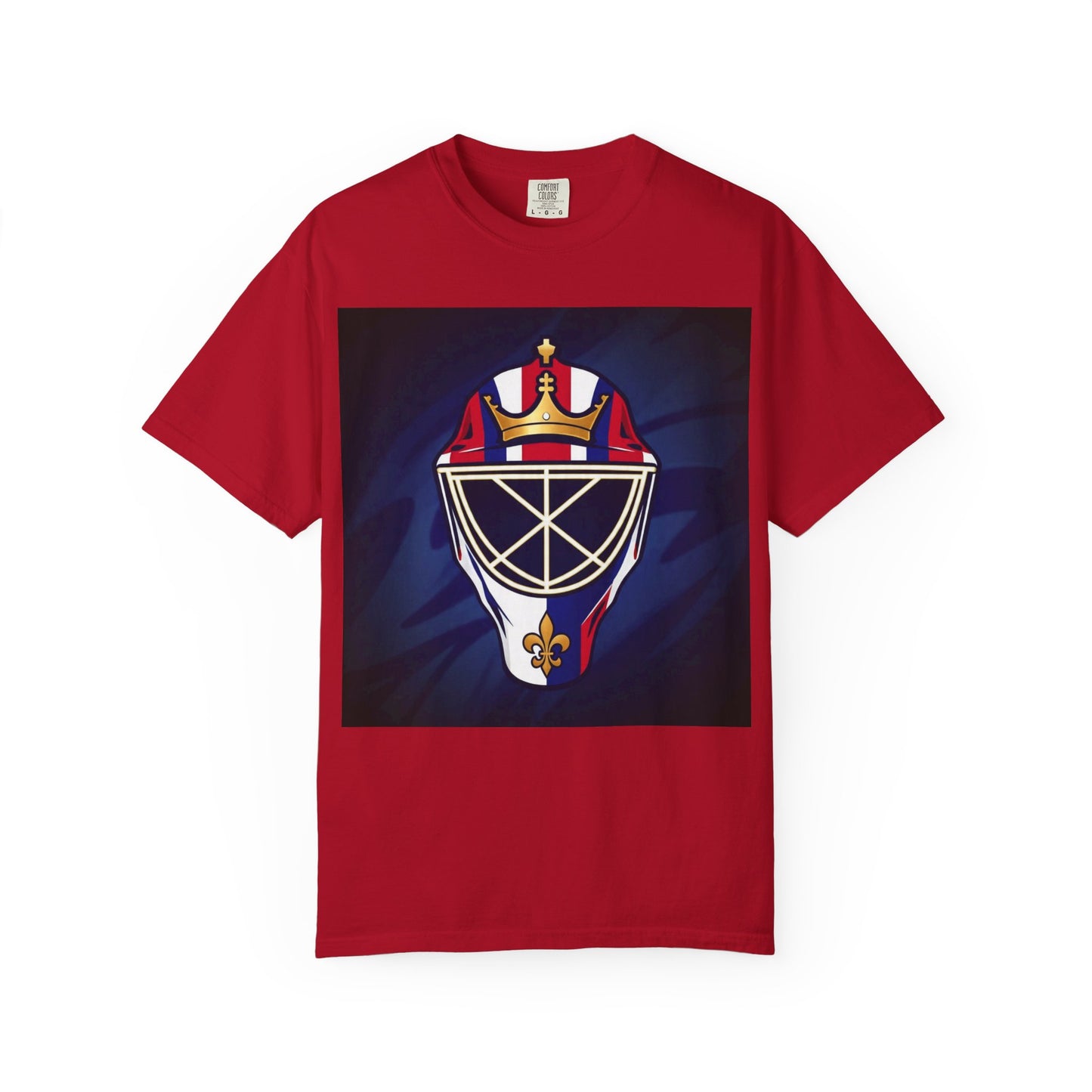Regal Crown Goalie Mask Graphic T-shirt, Unisex Fashion Tee, Red, White and Blue Casual Wear, Gift for Her/Him, Summer Style, Graphic Apparel, Streetwear