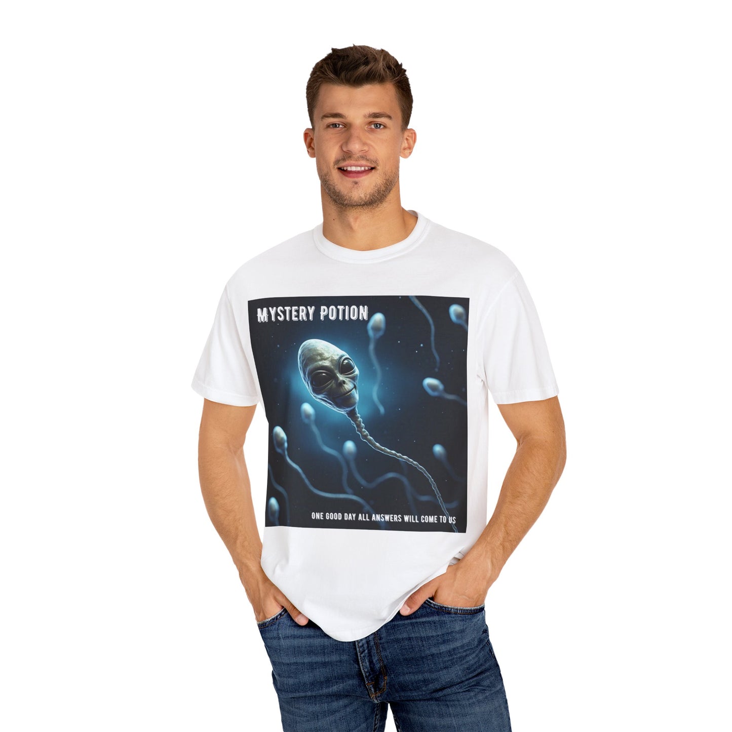 'One Good Day All Answers Will Come To Us' by Mystery Potion, Alien Sperm Tee, Unisex Graphic T-Shirt, Fun Gift for Space Lovers, Cool Casual Wear, Sci-Fi Fashion, Unique Statement Piece