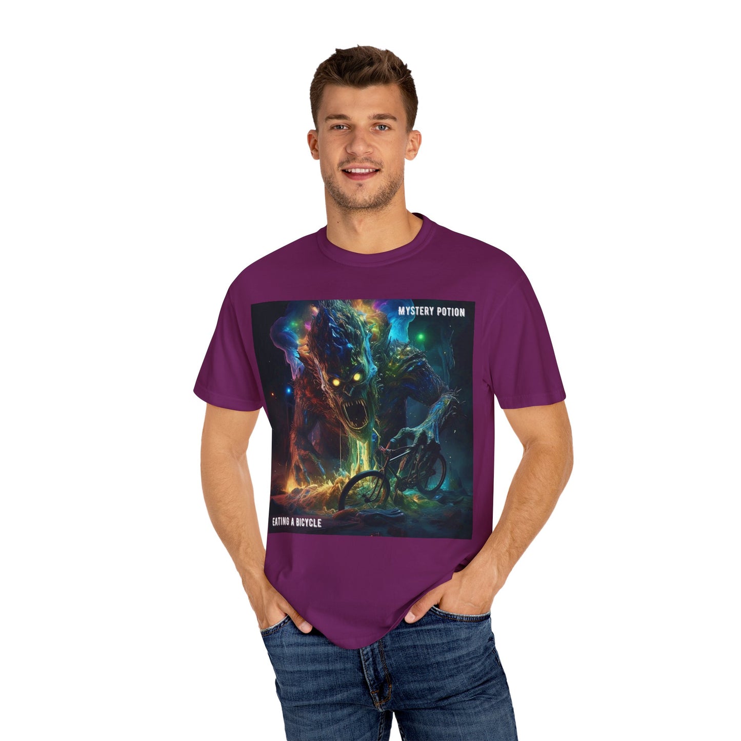'Eating a Bicycle' by Mystery Potion, Unisex Garment-Dyed T-shirt, Monster Over City