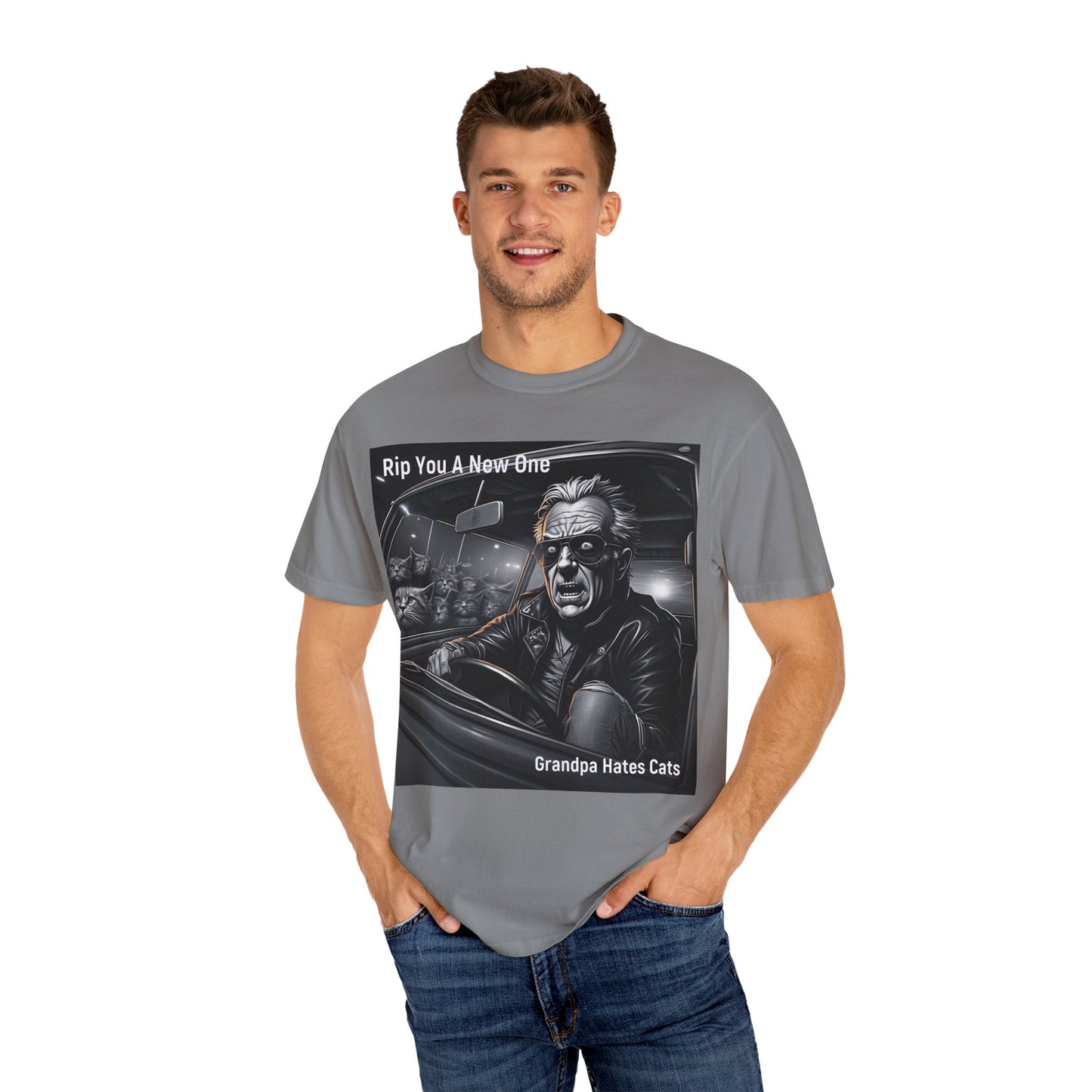 'Grandpa Hates Cats' by Rip You A New One, Humorous Cat Lover T-shirt, Vintage Graphic Tee Shirt, Funny Gift for Cat Owners, Unisex Casual Wear