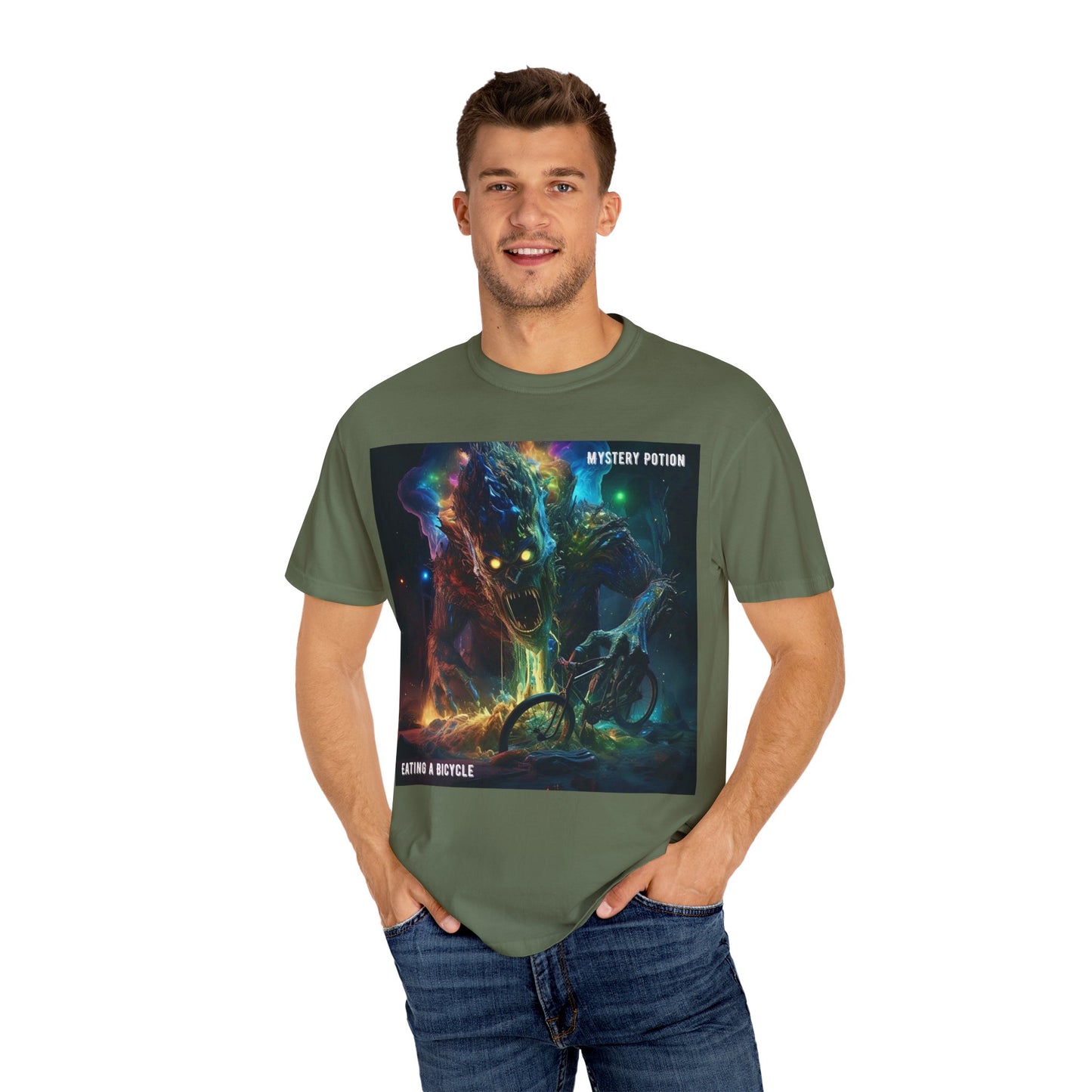 'Eating a Bicycle' by Mystery Potion, Unisex Garment-Dyed T-shirt, Monster Over City