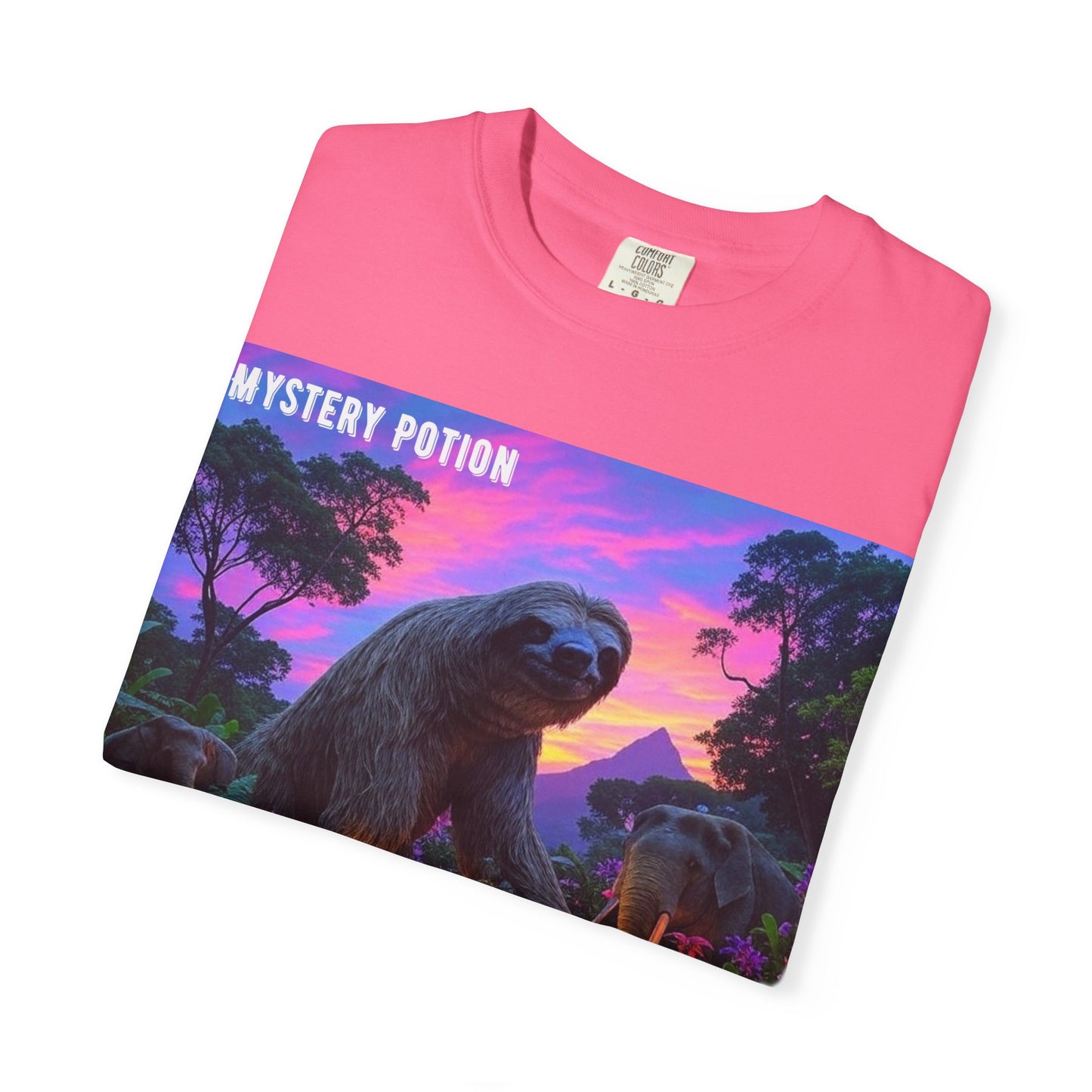 Mystery Potion's Giant Sloths and Mastodons Graphic T-Shirt | Unisex Garment-Dyed Tee for Nature Lovers, Unique Gift, Festival Wear, Prehistoric Design
