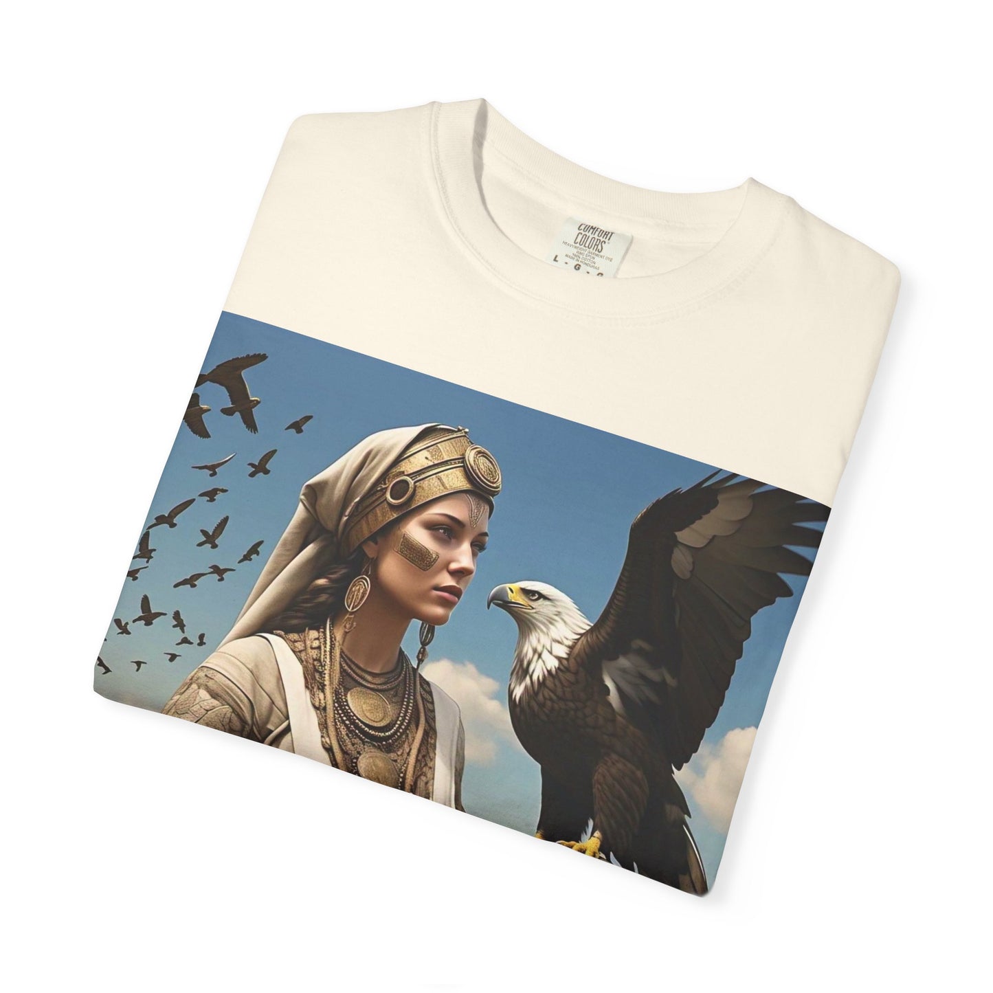 Empowered Eagle and Scythian Woman T-Shirt, Unisex Garment-Dyed Tee, Nature Lover Shirt, Gift for Bird Enthusiasts, Unique Graphic Tee