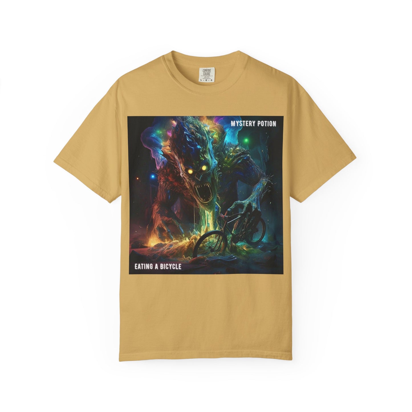 'Eating a Bicycle' by Mystery Potion, Unisex Garment-Dyed T-shirt, Monster Over City