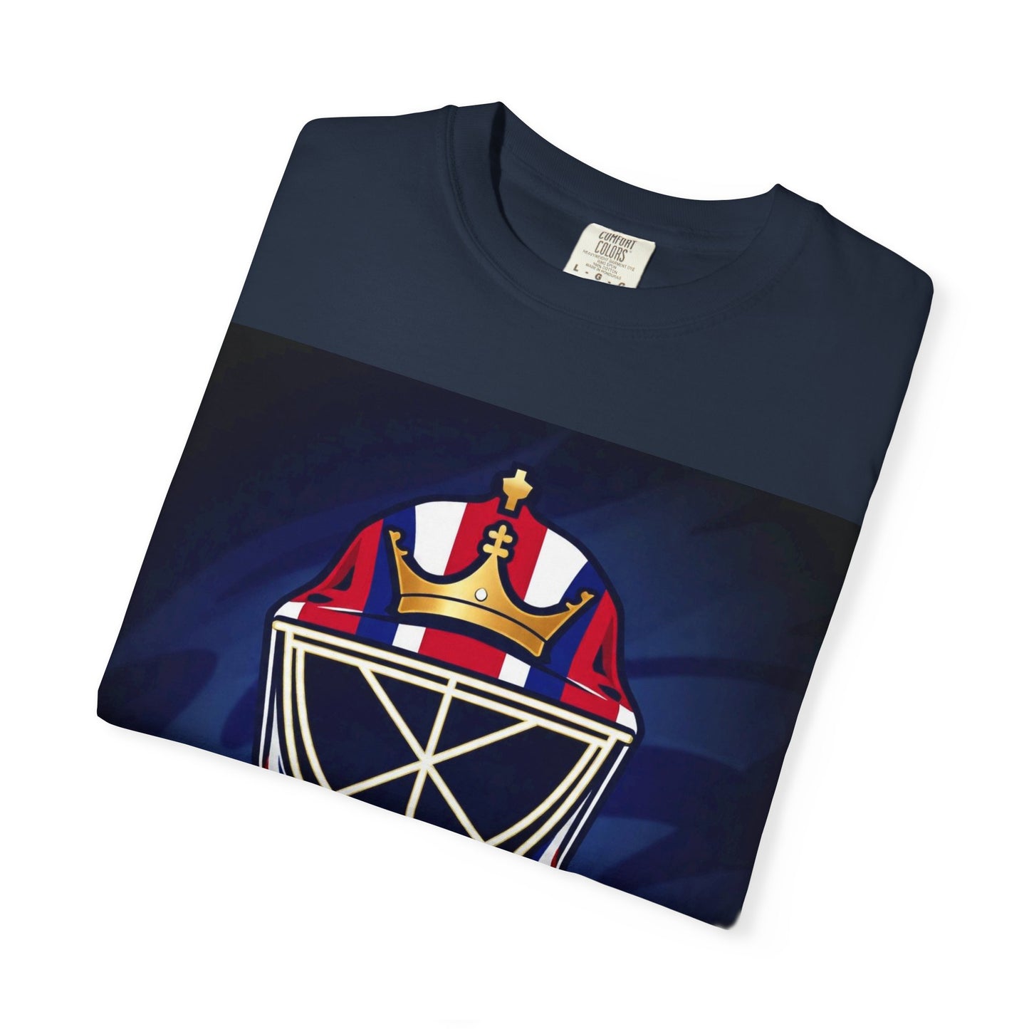 Regal Crown Goalie Mask Graphic T-shirt, Unisex Fashion Tee, Red, White and Blue Casual Wear, Gift for Her/Him, Summer Style, Graphic Apparel, Streetwear