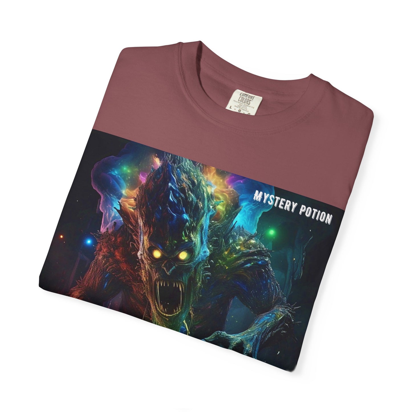 'Eating a Bicycle' by Mystery Potion, Unisex Garment-Dyed T-shirt, Monster Over City