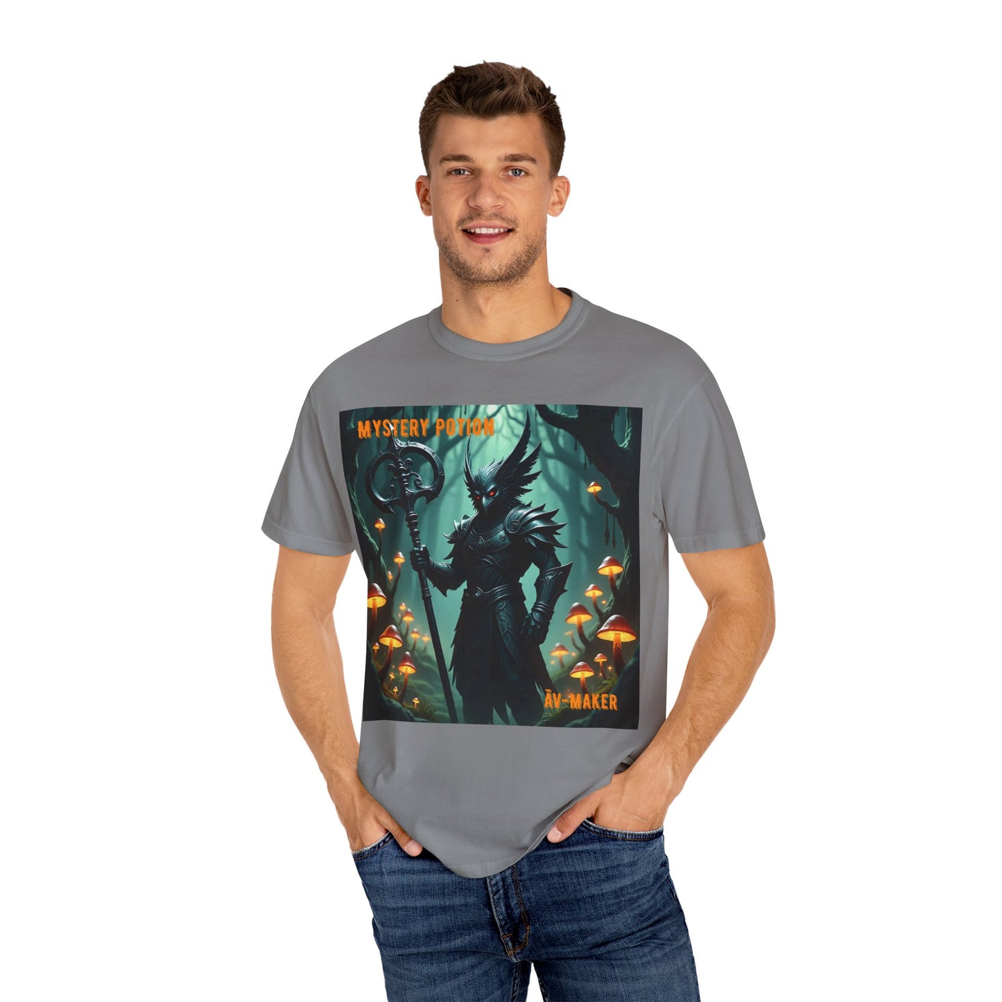 Mystical Āv-Maker Unisex Garment-Dyed T-shirt, Fantasy Apparel, Gift for Gamers, Witchy T-shirt, Mystery Potion Design, Unisex Tee