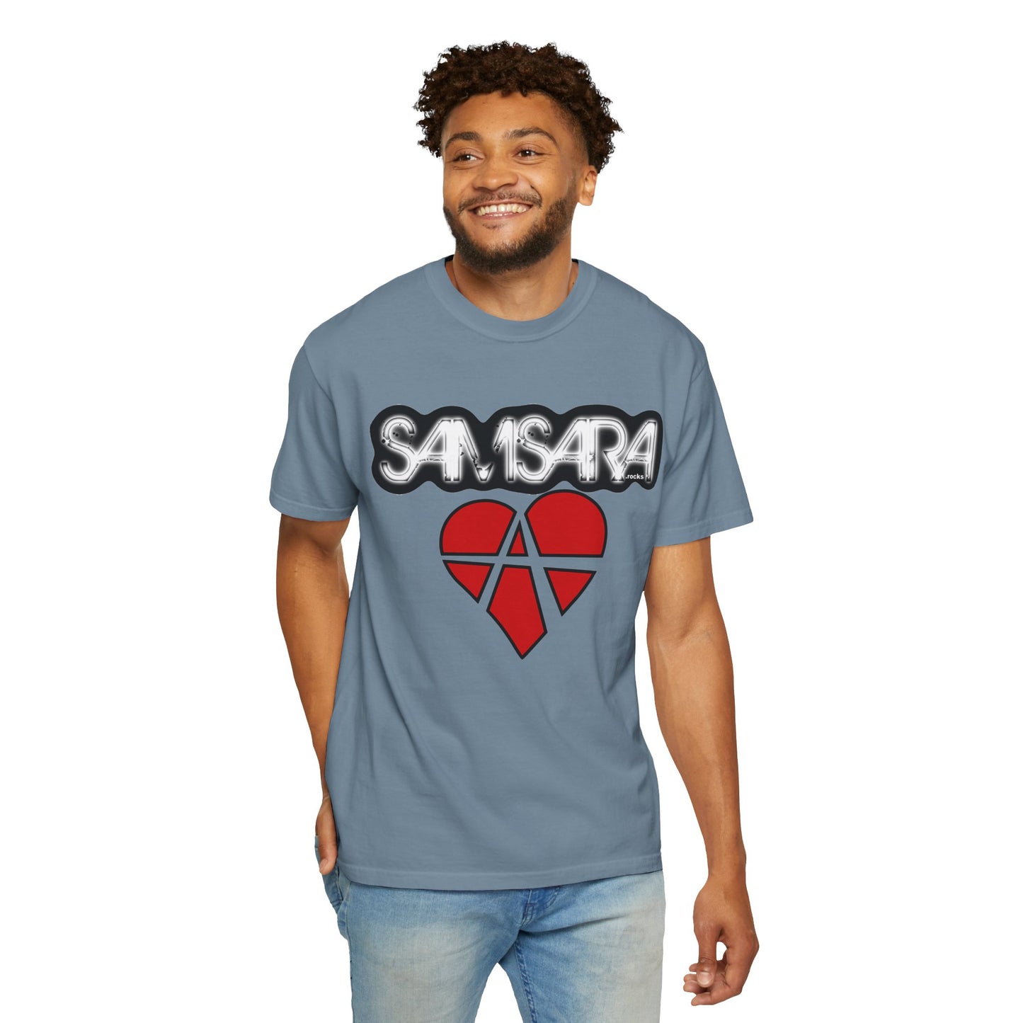 'Samsara Rocks' Logo, Love and Anarchy Graphic Tee | Unisex Garment-Dyed T-Shirt, Casual Fashion, Heart Design, Streetwear, Gift for Him/Her