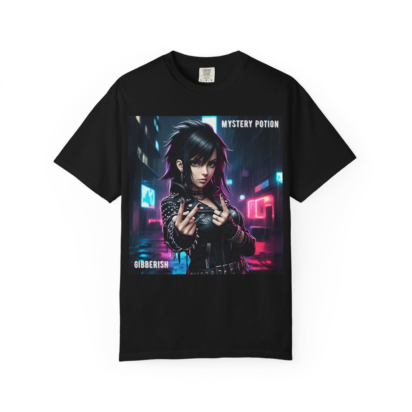'Gibberish' by Mystery Potion, Cyberpunk Manga Graphic T-Shirt, Edgy Streetwear, Unisex Tee, Vintage Look, Gaming Style, Art Lover Gift
