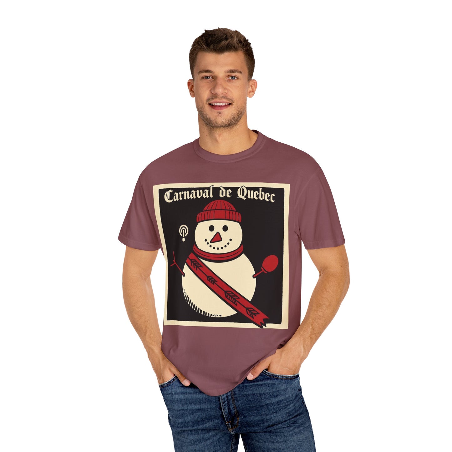 Quebec Carnaval Vintage Snowman Biker Lore Rocker T-Shirt, Cozy Winter Apparel, Unisex Snowman Graphic Tee, Festive Celebration Shirt, Winter Holiday Gift