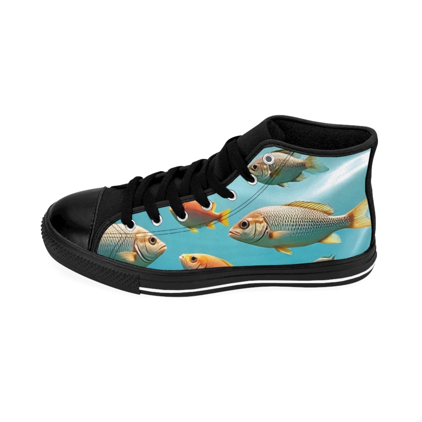 Fishies In A Baggy Women's High-Top Sneakers, Unique Fish Art Shoes, Trendy Walking Sneakers, Custom Graphic Fish Print Sneakers, Fish Lover Footwear