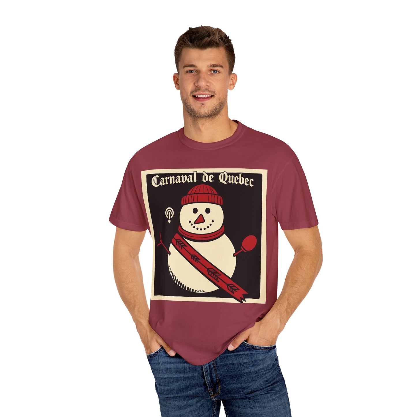 Quebec Carnaval Vintage Snowman Biker Lore Rocker T-Shirt, Cozy Winter Apparel, Unisex Snowman Graphic Tee, Festive Celebration Shirt, Winter Holiday Gift