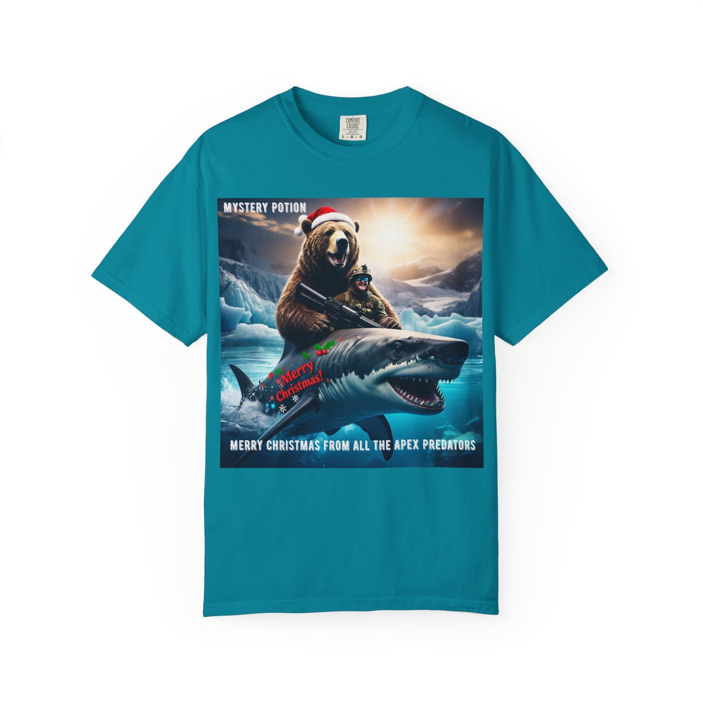 X-mas Humor T-Shirt "Merry Christmas from All the Apex Predators", Unisex Garment-Dyed Tee, Funny Holiday Shirt, Gift for Friends, Outdoor Adventure Wear, Novelty Apparel