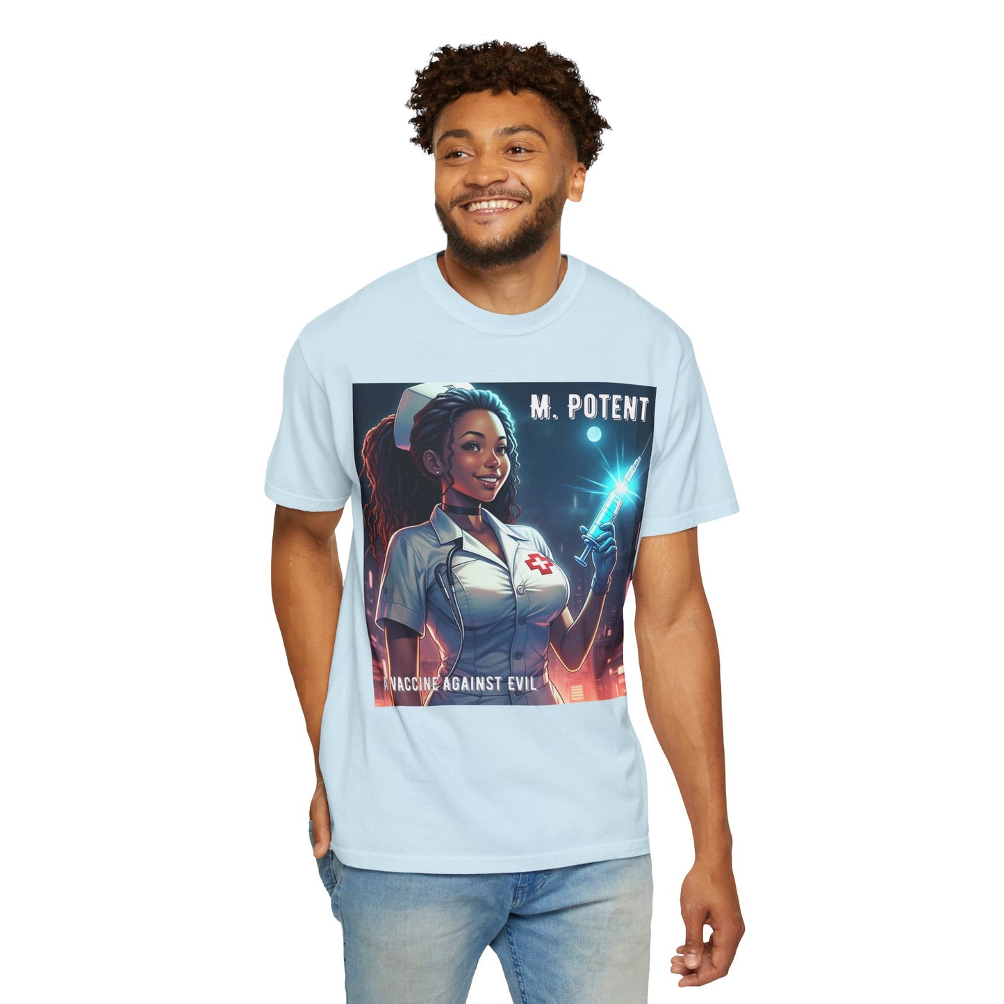 M. Potent's 'A Vaccine Against Evil', Medicine-Themed Unisex T-Shirt, Positive Vibes, Great for Nurses, Vaccination Awareness, Gift for Healthcare Workers