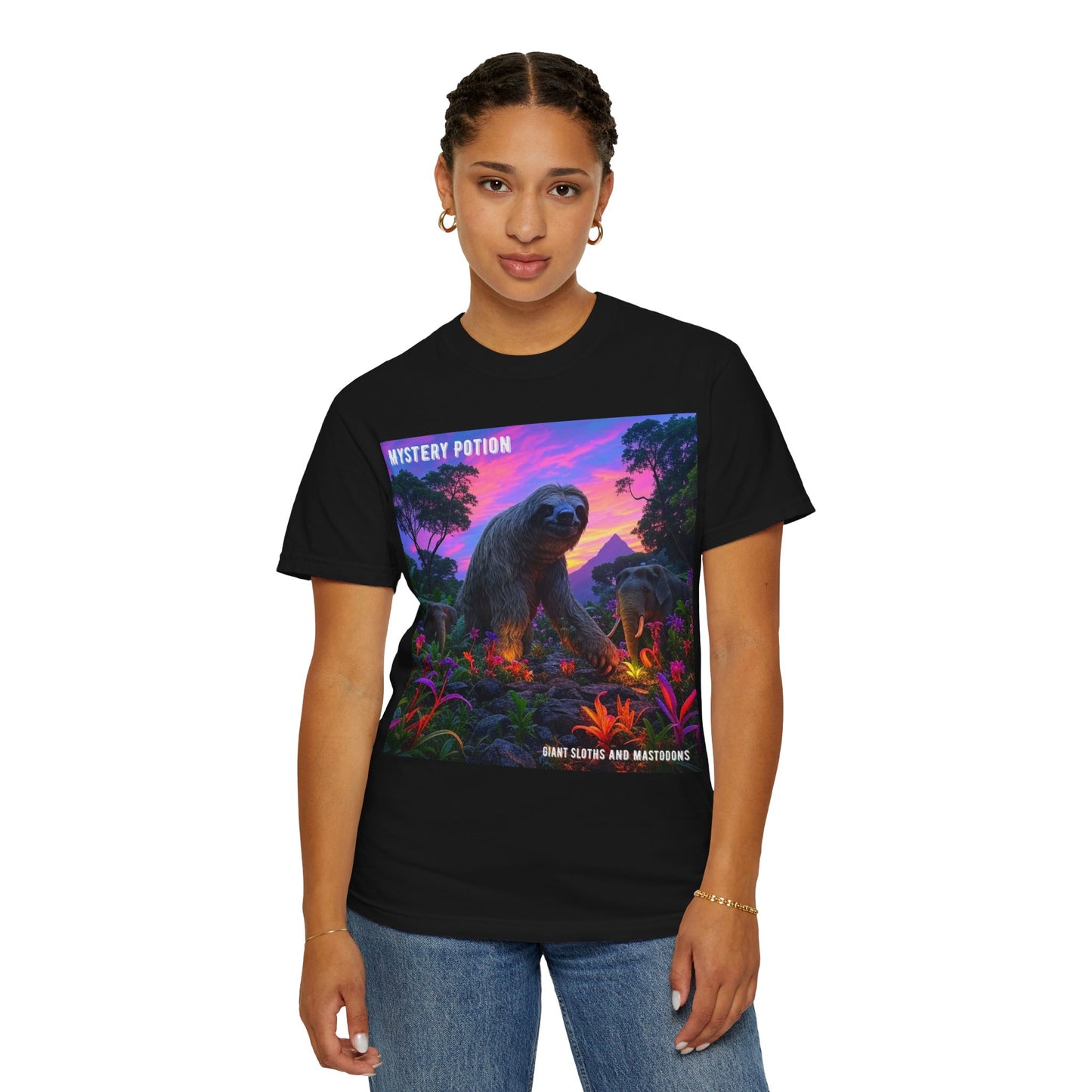 Mystery Potion's Giant Sloths and Mastodons Graphic T-Shirt | Unisex Garment-Dyed Tee for Nature Lovers, Unique Gift, Festival Wear, Prehistoric Design