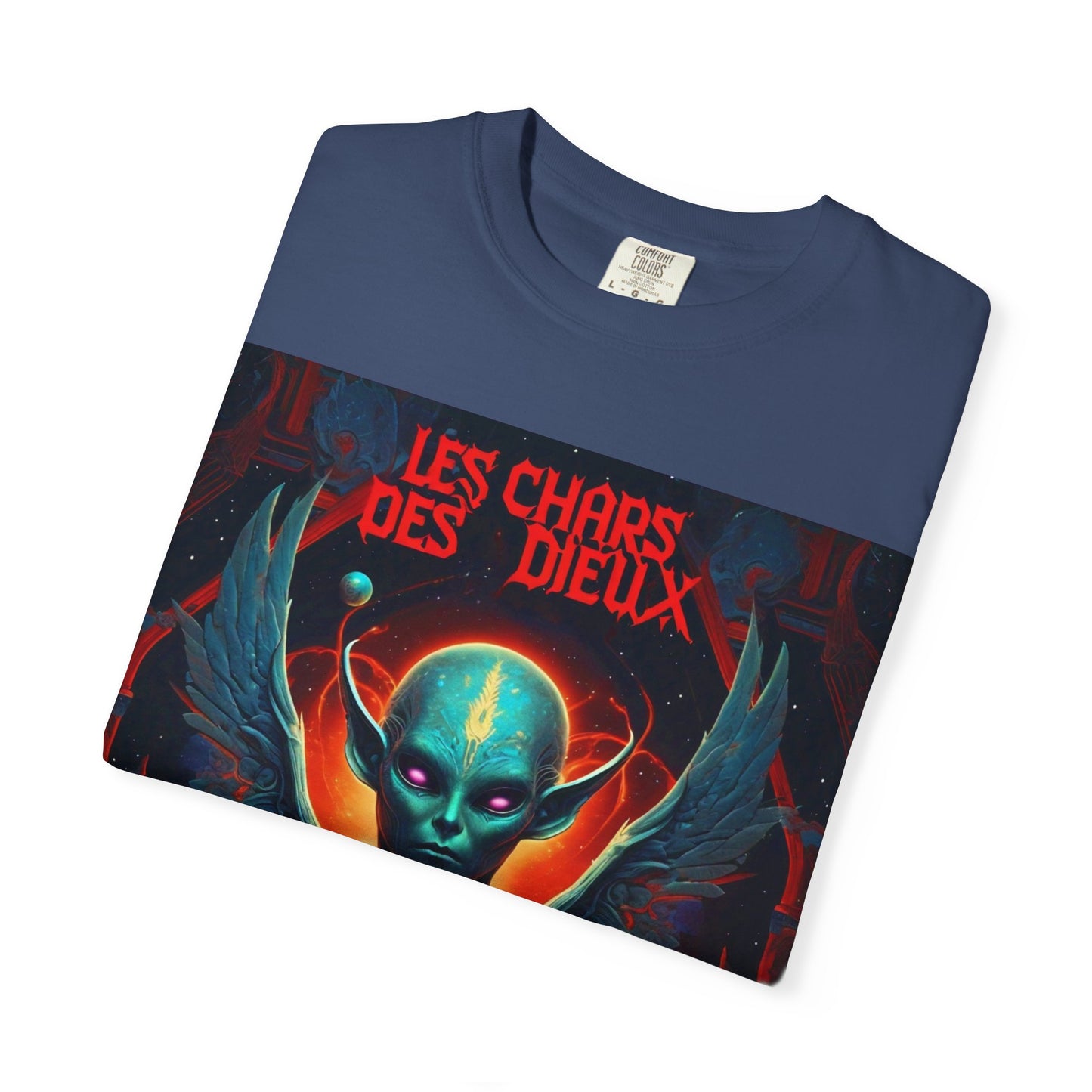 'Les Chars des Dieux' par Potion Mystère, Mystical Alien Graphic T-Shirt | Unisex Tee for Sci-Fi Lovers, Unique Gift for Halloween, Cosmic Vibes, Statement Shirt, Trendy Fashion