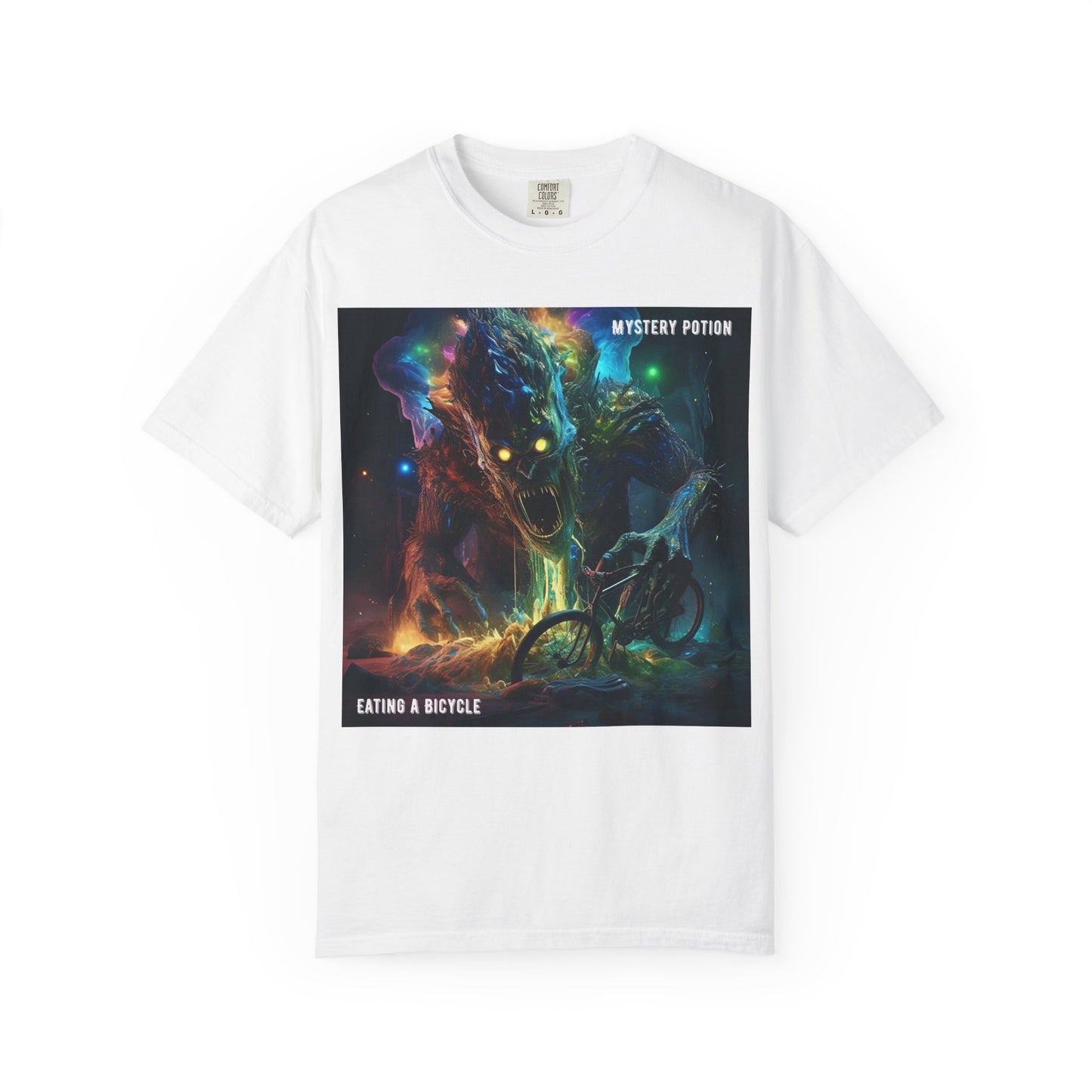 'Eating a Bicycle' by Mystery Potion, Unisex Garment-Dyed T-shirt, Monster Over City