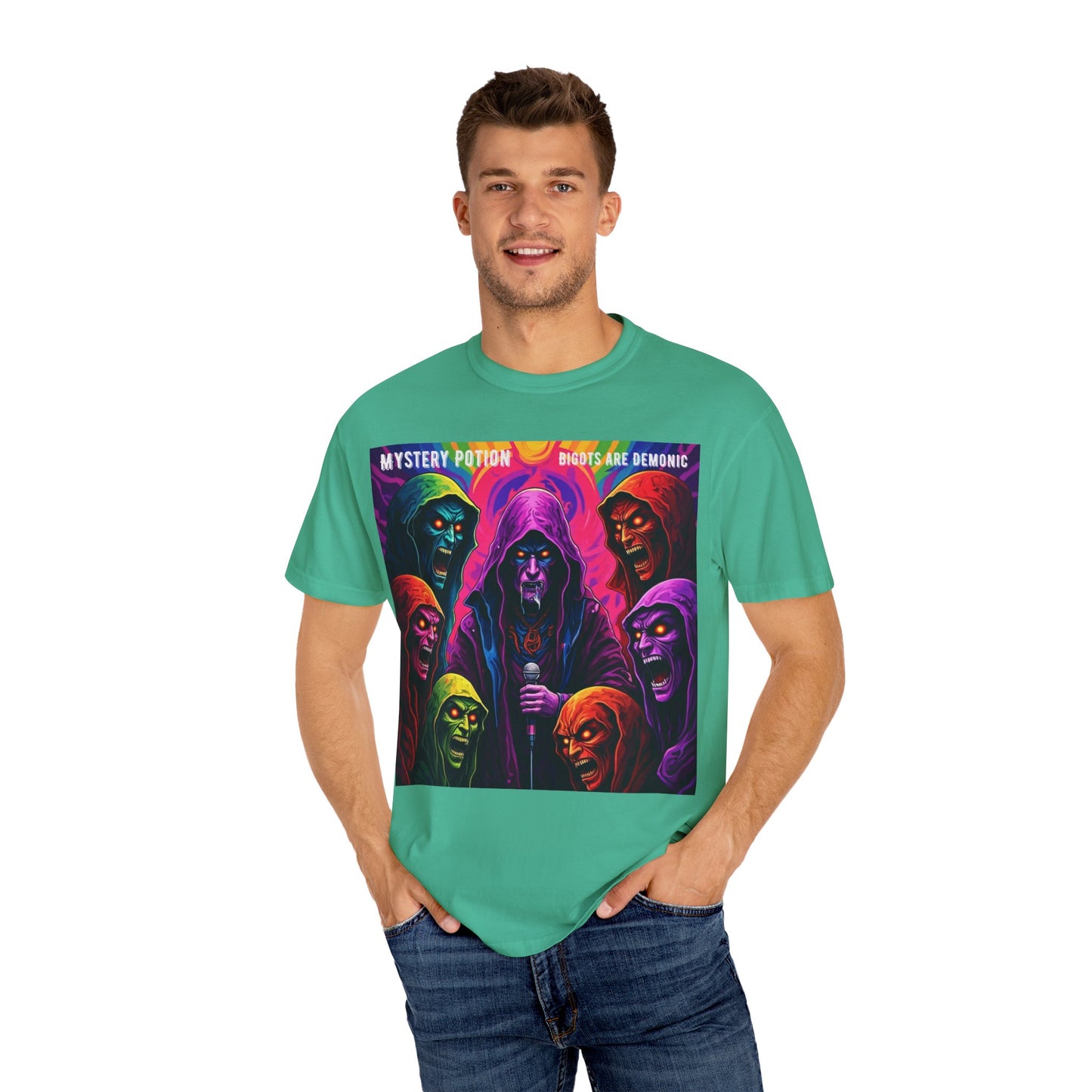 Mystery Potion Graphic Tee | Unisex Halloween T-shirt, Spooky Gift, "Bigots Are Demonic" Graphic Shirt, Witchy Apparel, Unique Casual Wear
