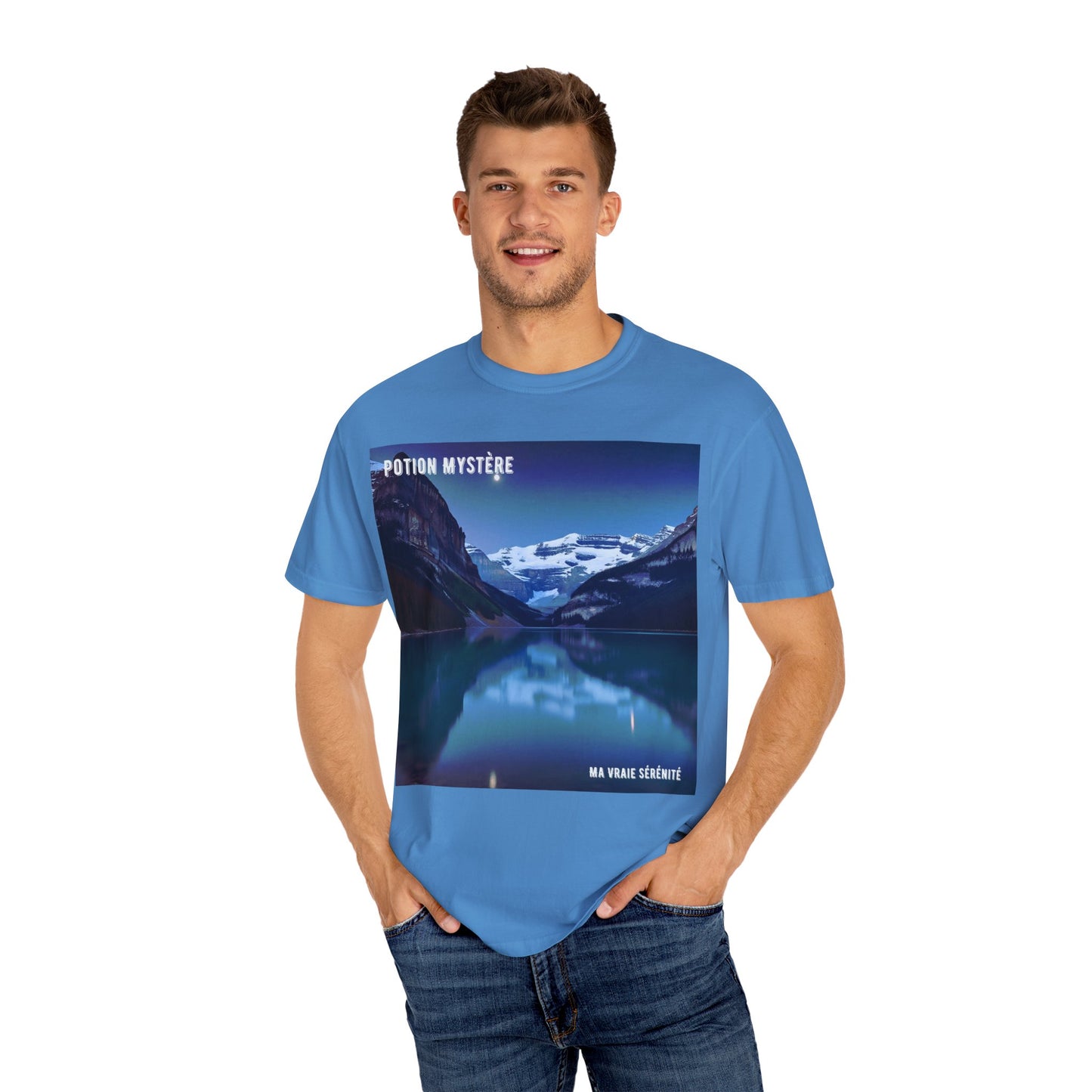 Mystical Lake Louise T-Shirt, Unisex Garment-Dyed Tee, Nature Lover Gift, Serenity in Adventure Apparel, Travel Fashion, Cool Summer Shirt