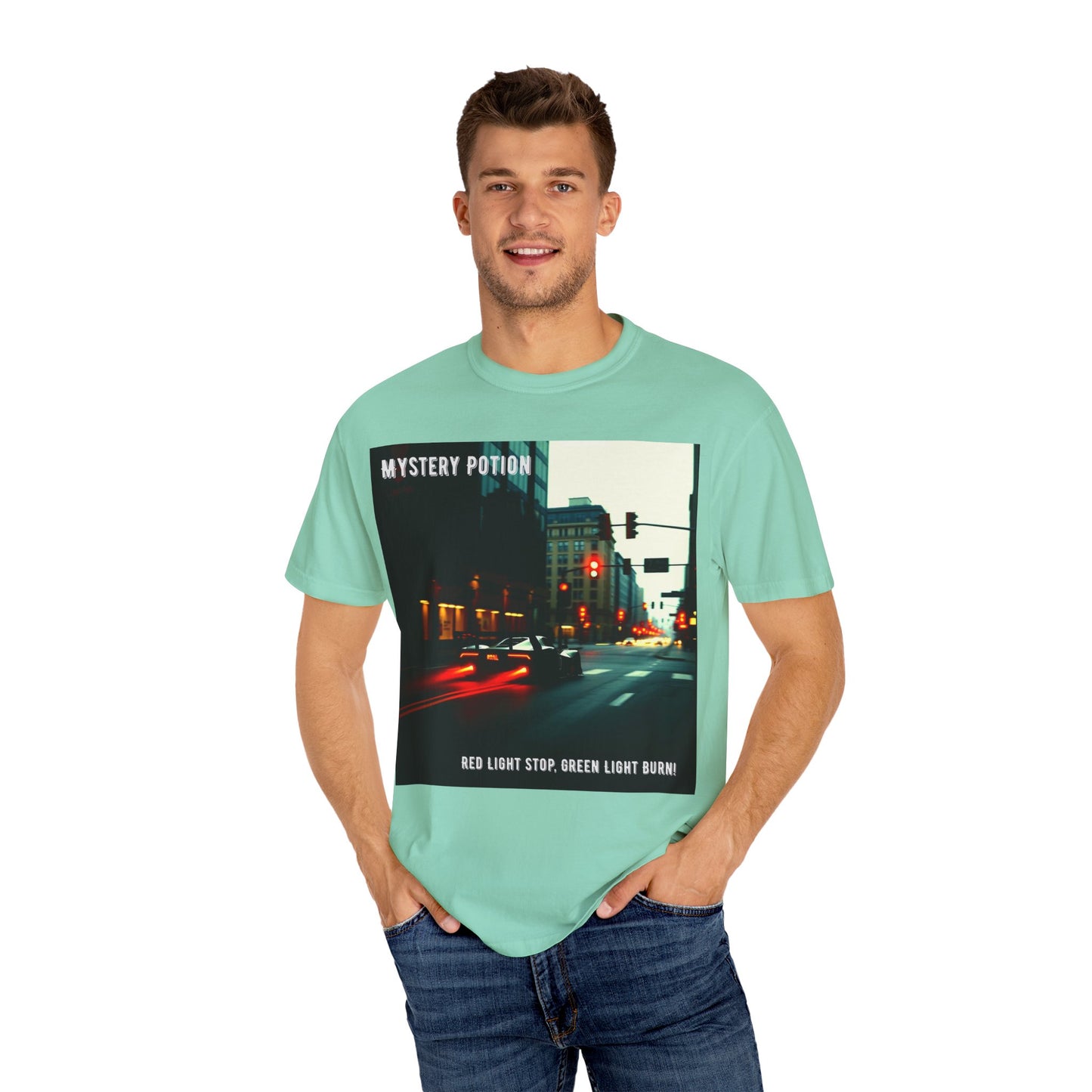 'Red Light Stop, Green Light Burn' by Mystery Potion Urban Vibe T-Shirt, Street Art T-Shirt, Fashion Tee, Gift for Art Lovers, Unisex Cotton Shirt, Unique Graphic Tee