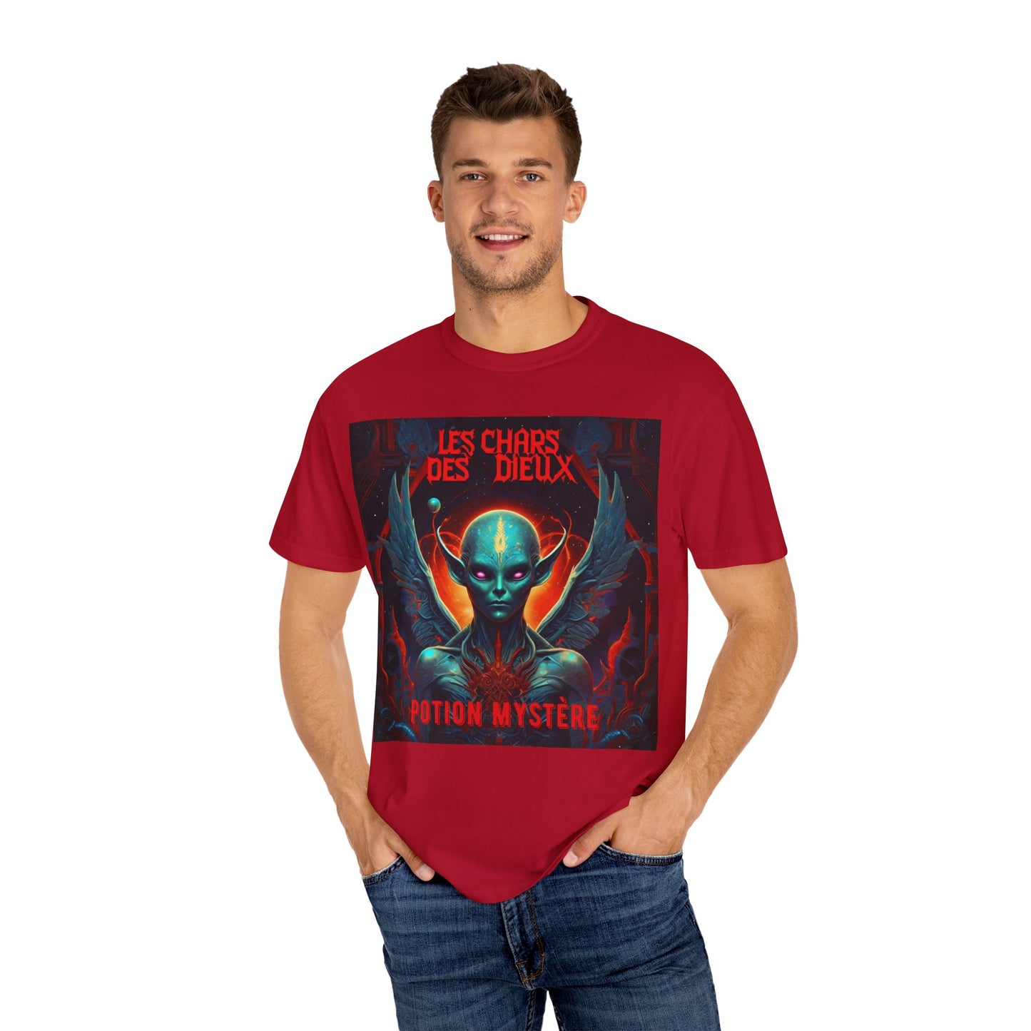 'Les Chars des Dieux' par Potion Mystère, Mystical Alien Graphic T-Shirt | Unisex Tee for Sci-Fi Lovers, Unique Gift for Halloween, Cosmic Vibes, Statement Shirt, Trendy Fashion