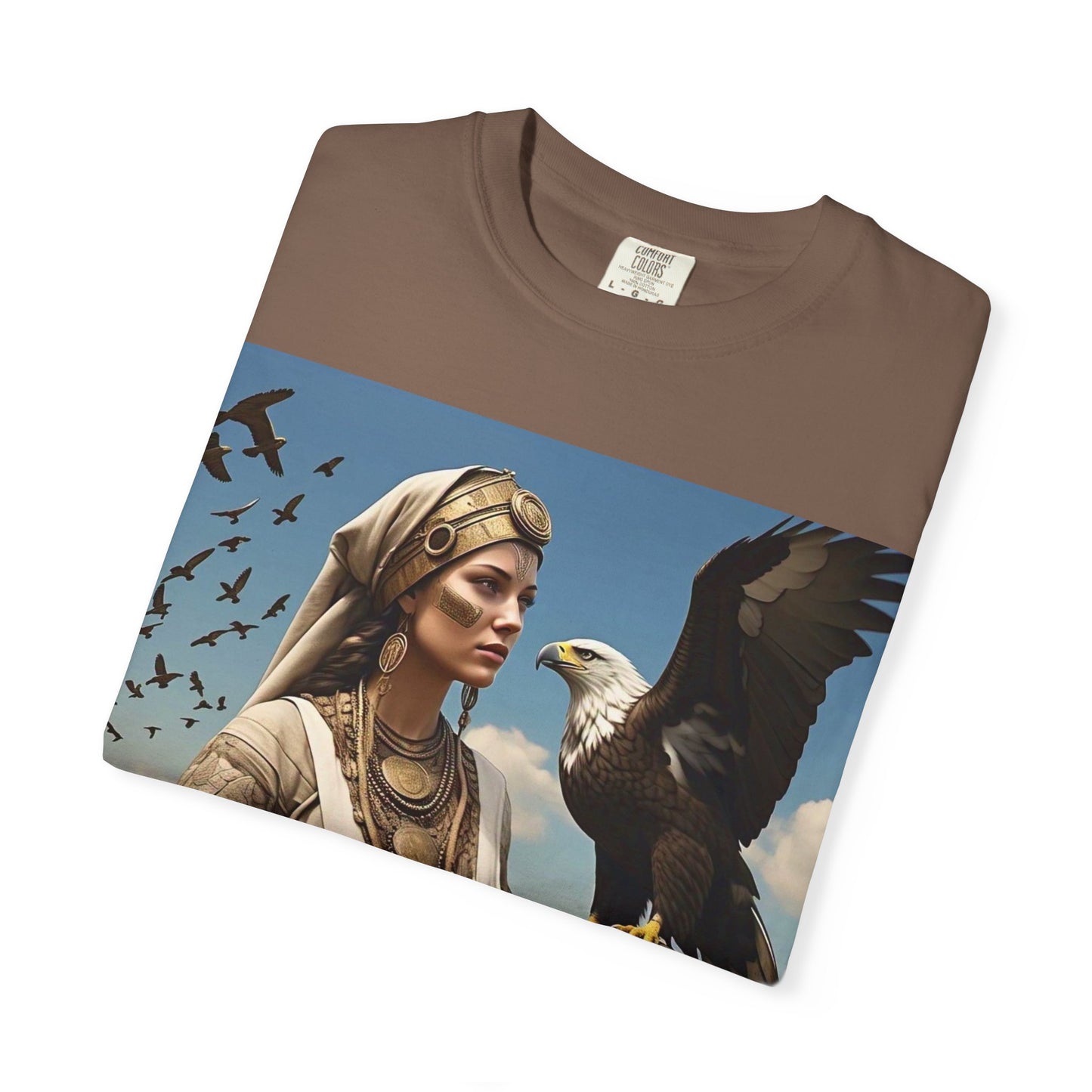 Empowered Eagle and Scythian Woman T-Shirt, Unisex Garment-Dyed Tee, Nature Lover Shirt, Gift for Bird Enthusiasts, Unique Graphic Tee