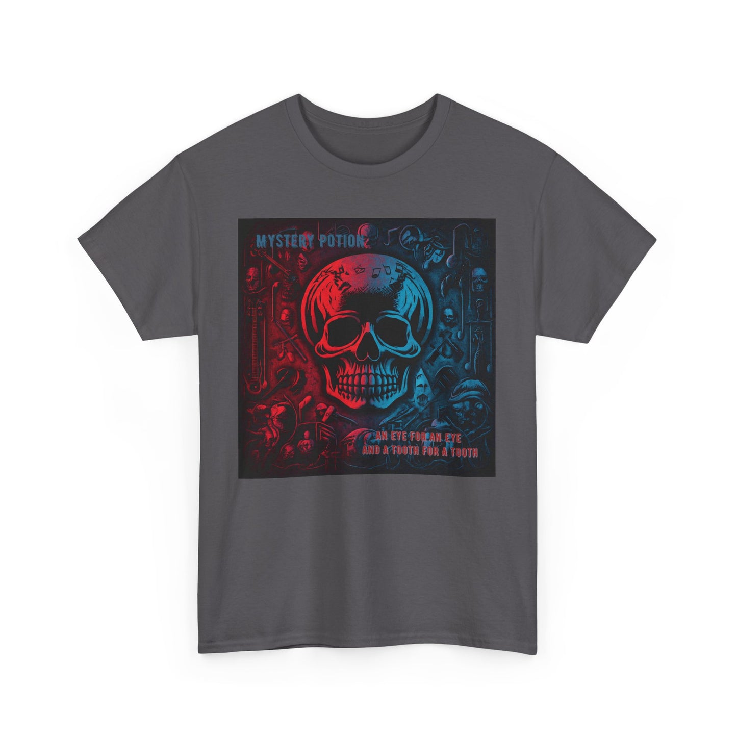 An Eye For An Eye And A Tooth For A Tooth by Mystery Potion, Stylish Skull Graphic Tee - Perfect for Halloween, Casual Wear, Music Festivals, Unique Gift, Unisex Heavy Cotton Shirt