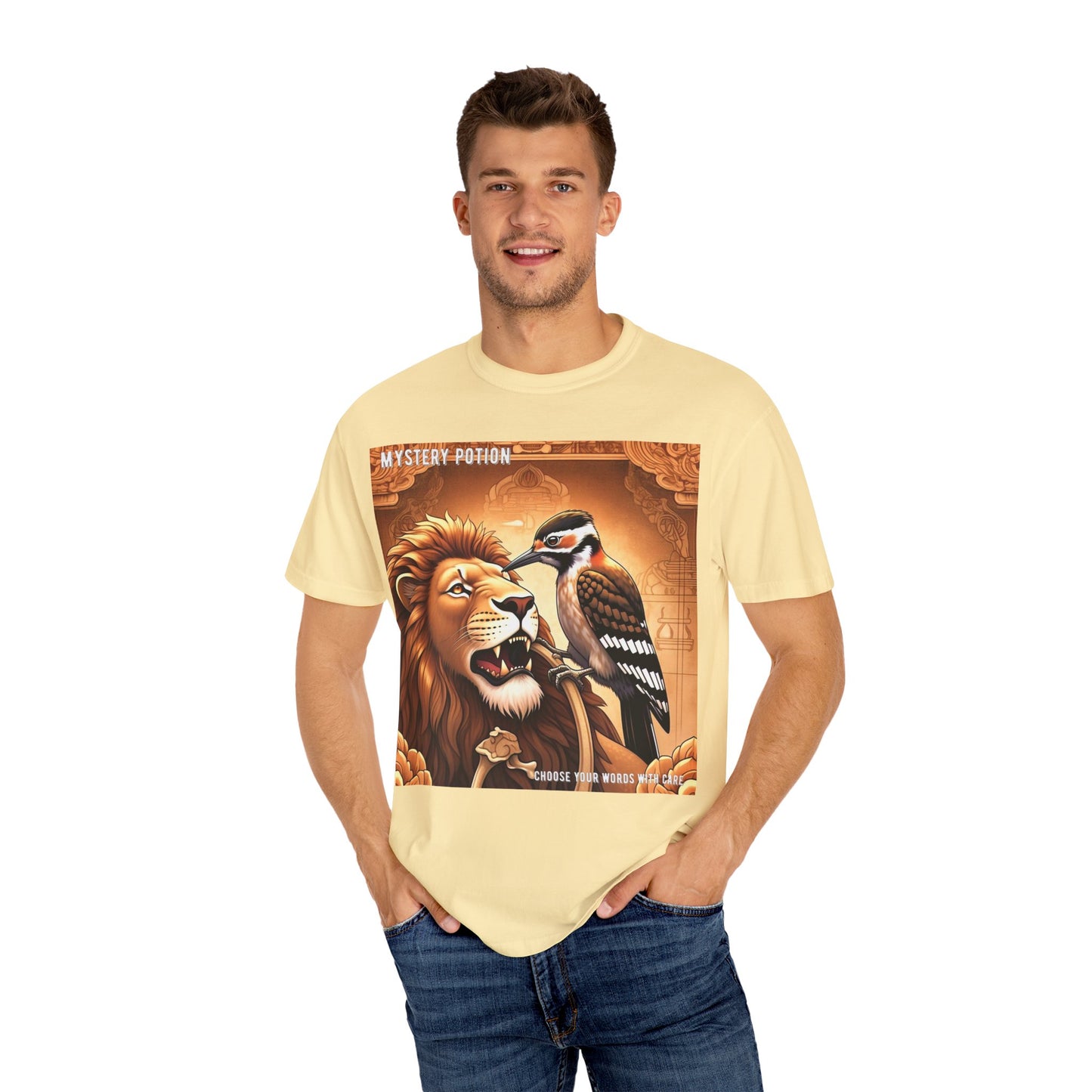 Mystical Lion & Bird T-Shirt | Unique Graphic Tee, Unisex Apparel, Gift for Nature Lovers, Bohemian Style, Festival Wear