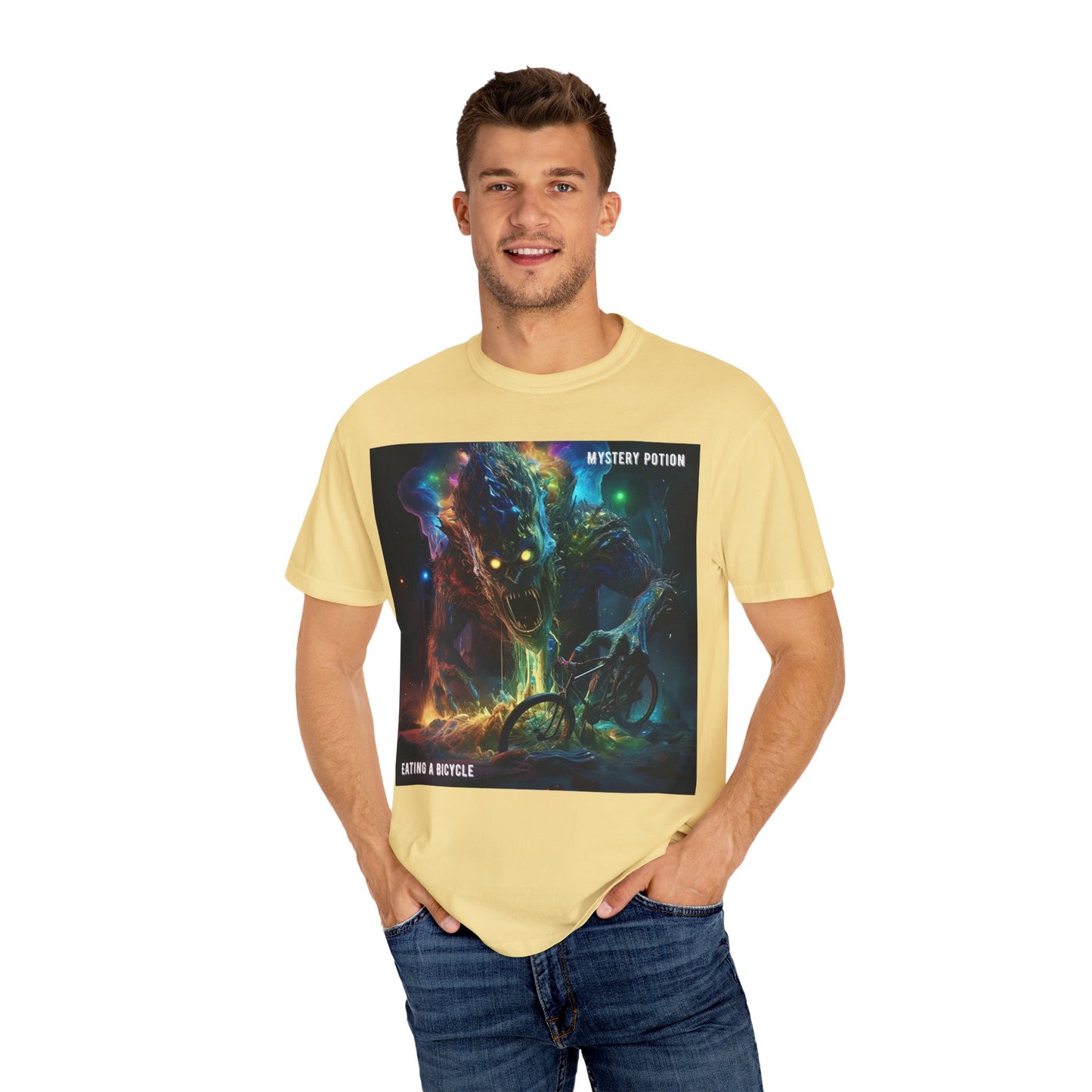 'Eating a Bicycle' by Mystery Potion, Unisex Garment-Dyed T-shirt, Monster Over City