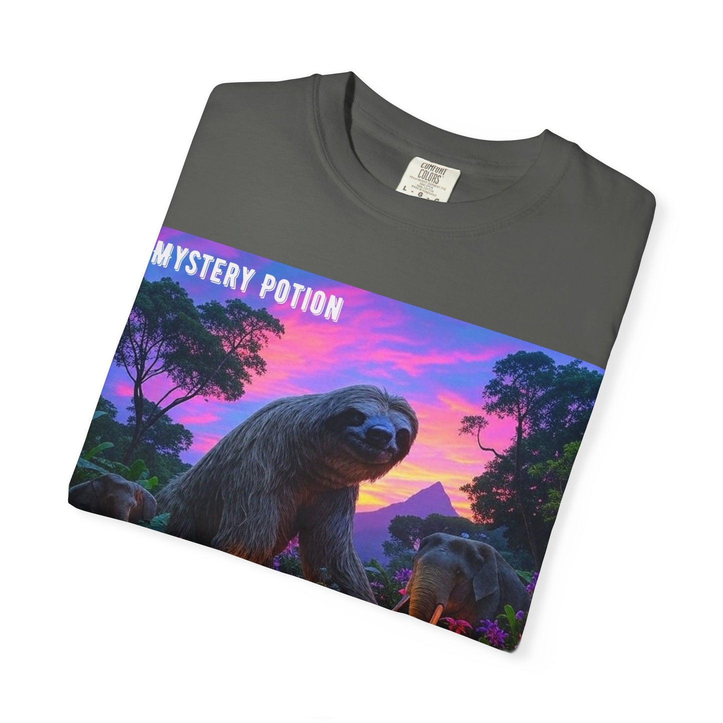 Mystery Potion's Giant Sloths and Mastodons Graphic T-Shirt | Unisex Garment-Dyed Tee for Nature Lovers, Unique Gift, Festival Wear, Prehistoric Design