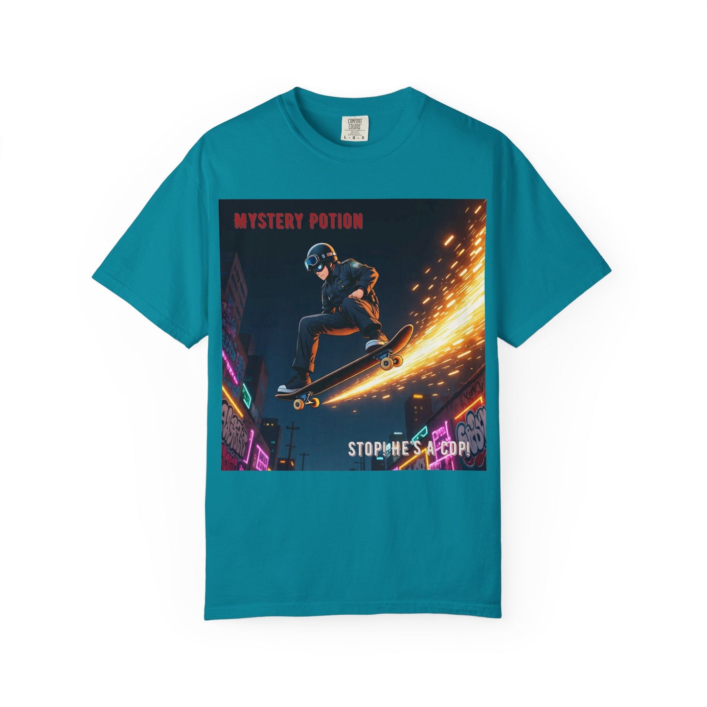 'Stop! He's A Cop!' by Mystery Potion, Skateboard Hardcore Punk T-shirt, Cozy Graphic Tee, Perfect Gift for Skaters, Unisex Streetwear Shirt, Trendy Casual Wear