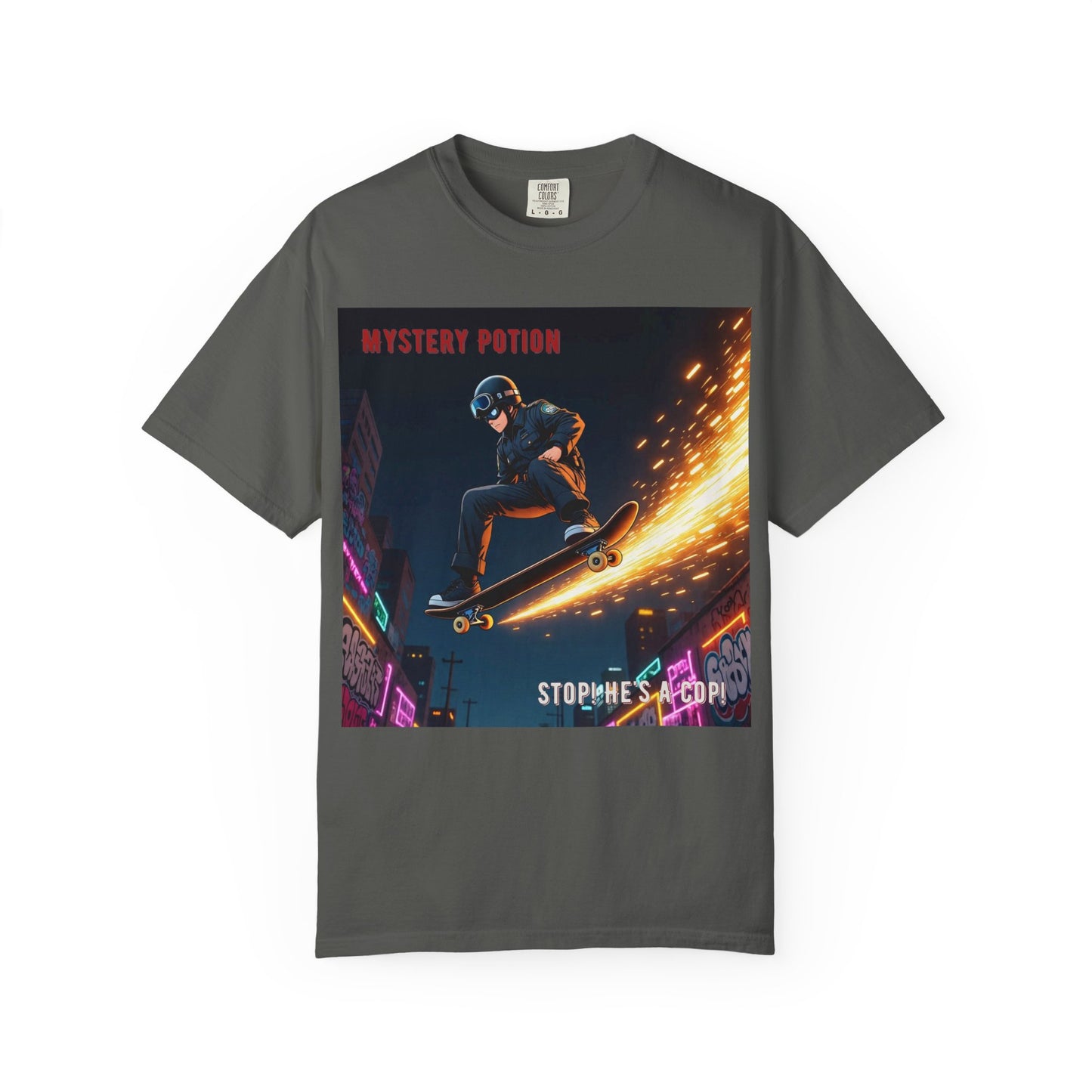 'Stop! He's A Cop!' by Mystery Potion, Skateboard Hardcore Punk T-shirt, Cozy Graphic Tee, Perfect Gift for Skaters, Unisex Streetwear Shirt, Trendy Casual Wear
