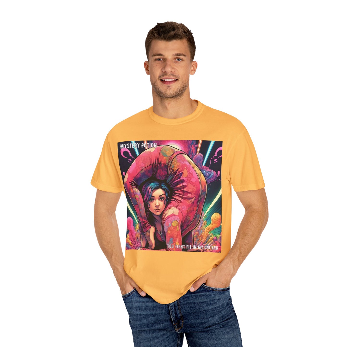 Mystery Potion Extreme Yoga Pose Unisex Garment-Dyed T-shirt, Artistic Tee, Vibrant Graphic Shirt, Unique Gift, Festival Wear, Comfortable Casual Top