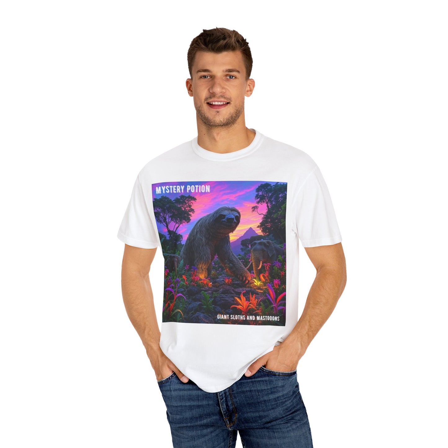 Mystery Potion's Giant Sloths and Mastodons Graphic T-Shirt | Unisex Garment-Dyed Tee for Nature Lovers, Unique Gift, Festival Wear, Prehistoric Design