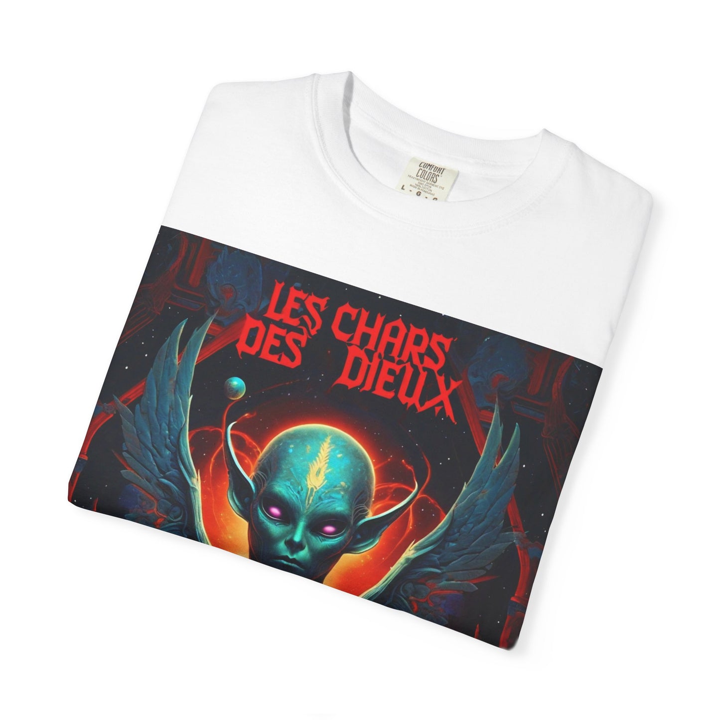 'Les Chars des Dieux' par Potion Mystère, Mystical Alien Graphic T-Shirt | Unisex Tee for Sci-Fi Lovers, Unique Gift for Halloween, Cosmic Vibes, Statement Shirt, Trendy Fashion