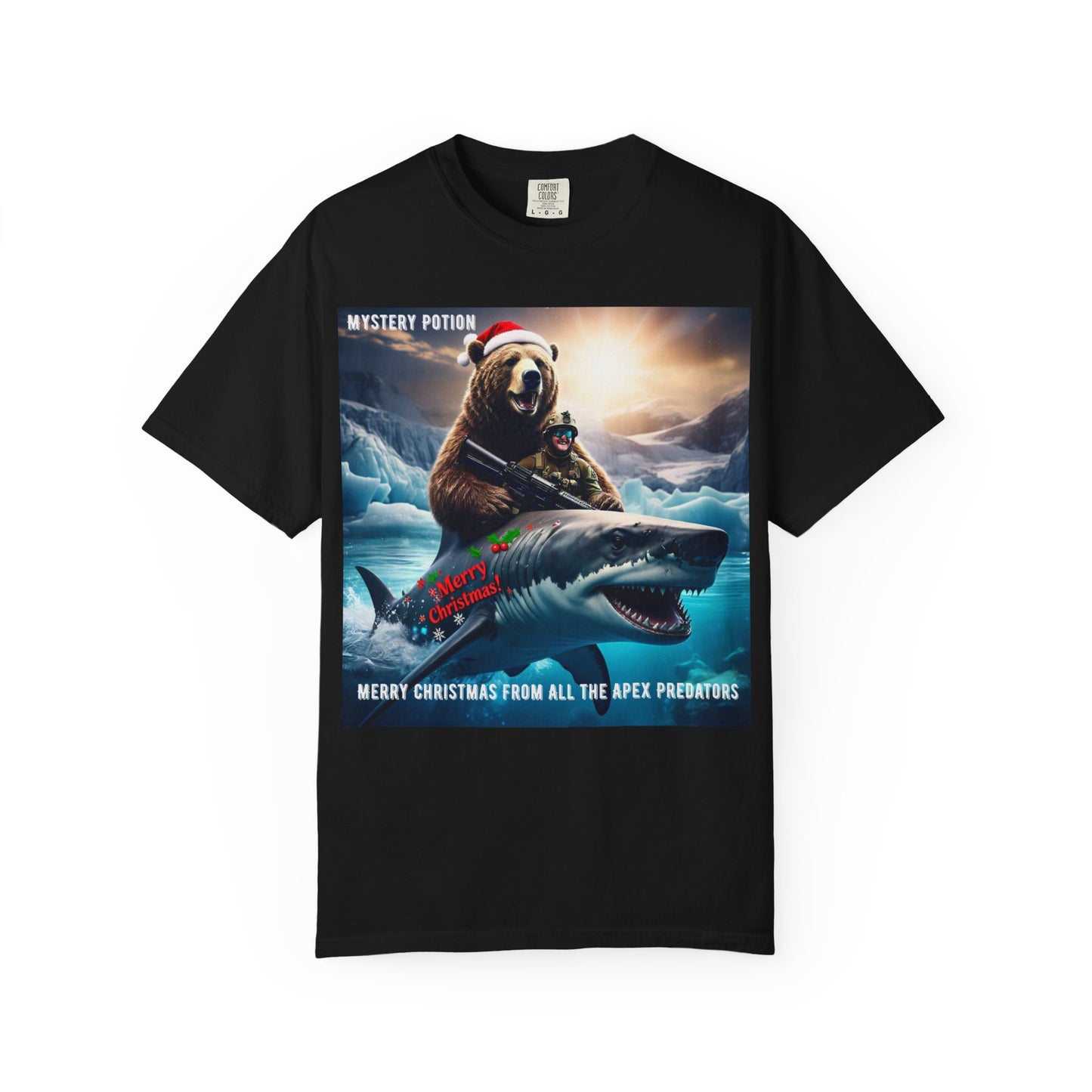 X-mas Humor T-Shirt "Merry Christmas from All the Apex Predators", Unisex Garment-Dyed Tee, Funny Holiday Shirt, Gift for Friends, Outdoor Adventure Wear, Novelty Apparel