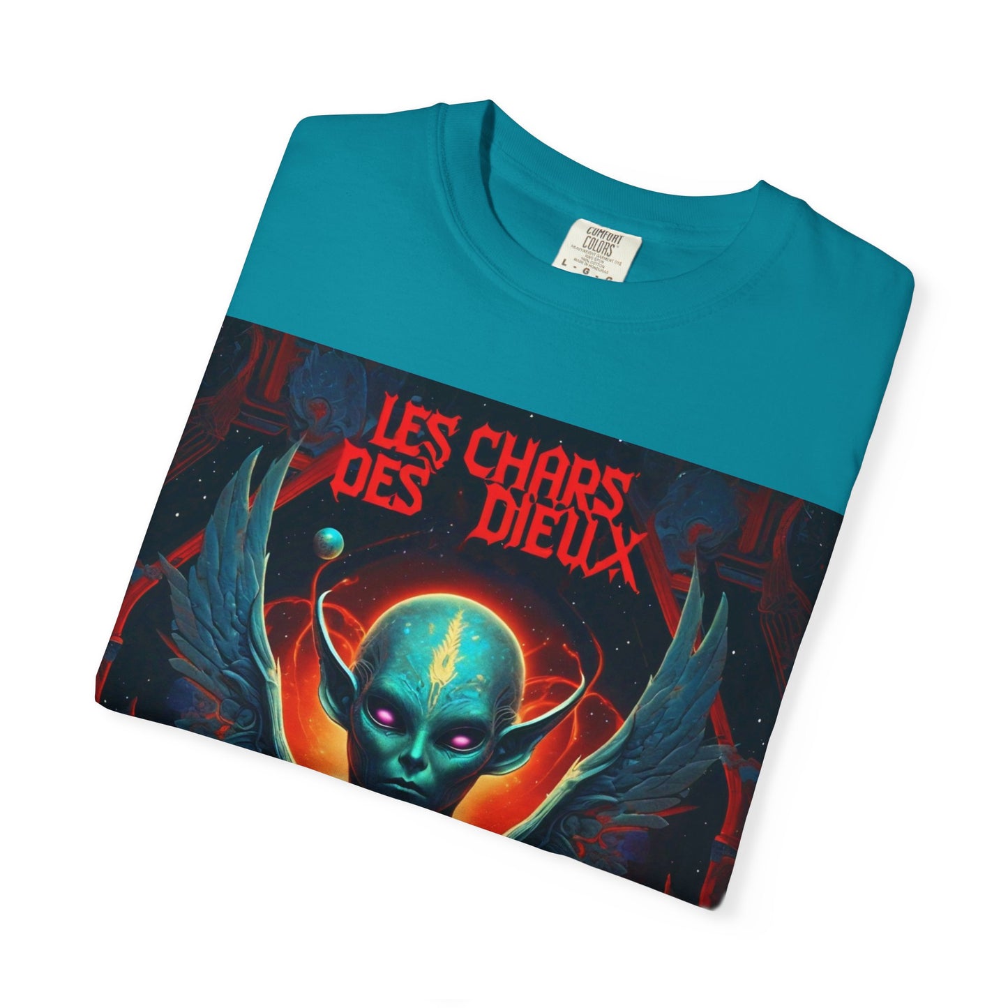 'Les Chars des Dieux' par Potion Mystère, Mystical Alien Graphic T-Shirt | Unisex Tee for Sci-Fi Lovers, Unique Gift for Halloween, Cosmic Vibes, Statement Shirt, Trendy Fashion