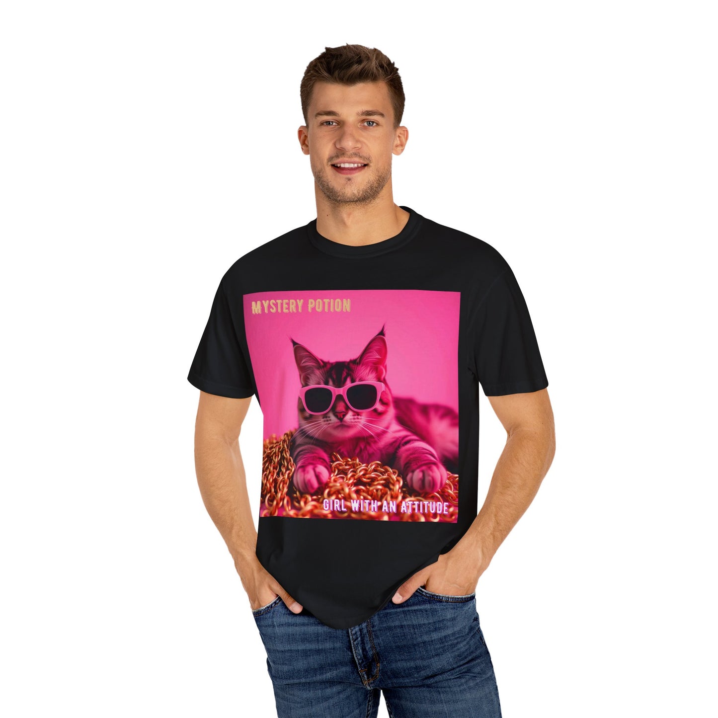 'Girl With An Attitude' by Mystery Potion, Cool Cat T-shirt, Fun Cat Tee, Gift for Cat Lovers, Casual Wear, Unique Fashion Statement, Attitude T-shirt