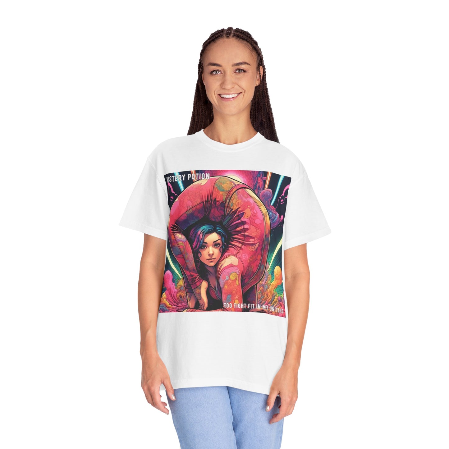Mystery Potion Extreme Yoga Pose Unisex Garment-Dyed T-shirt, Artistic Tee, Vibrant Graphic Shirt, Unique Gift, Festival Wear, Comfortable Casual Top