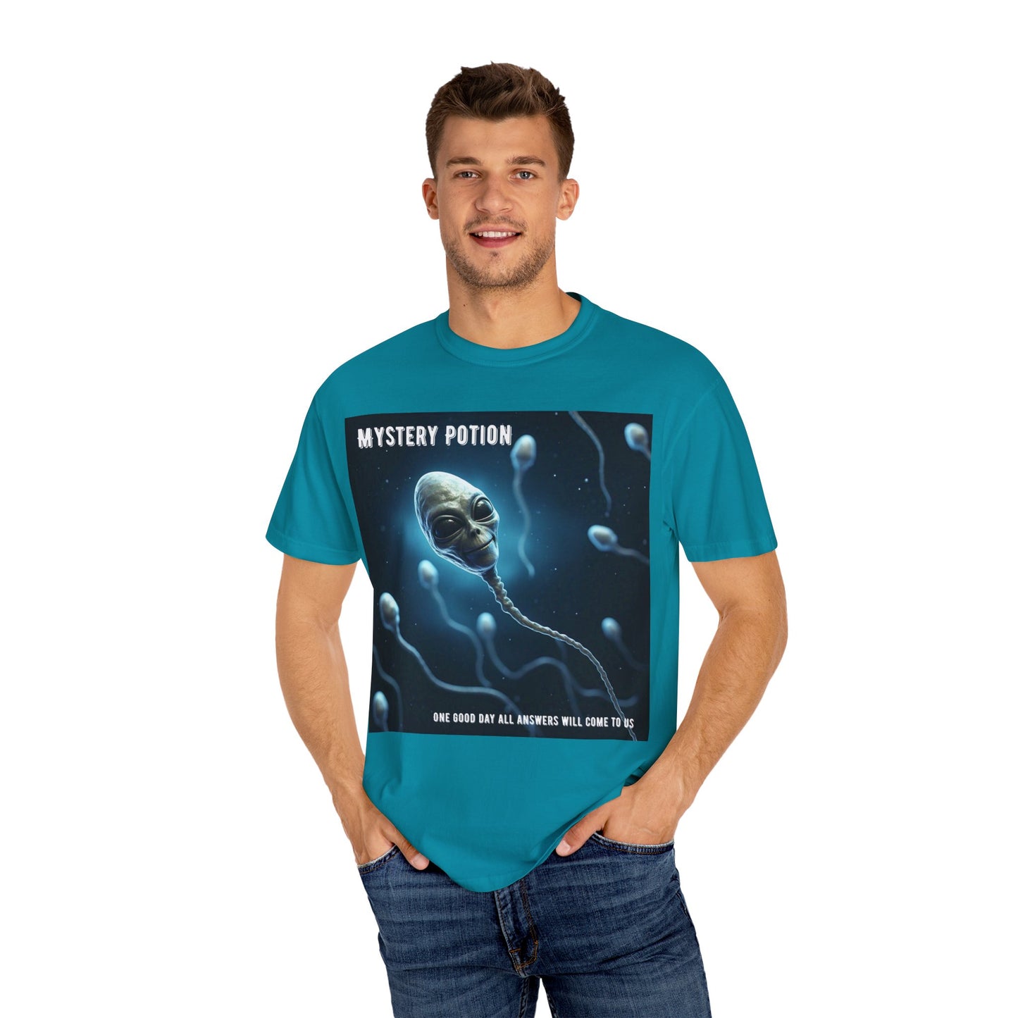 'One Good Day All Answers Will Come To Us' by Mystery Potion, Alien Sperm Tee, Unisex Graphic T-Shirt, Fun Gift for Space Lovers, Cool Casual Wear, Sci-Fi Fashion, Unique Statement Piece