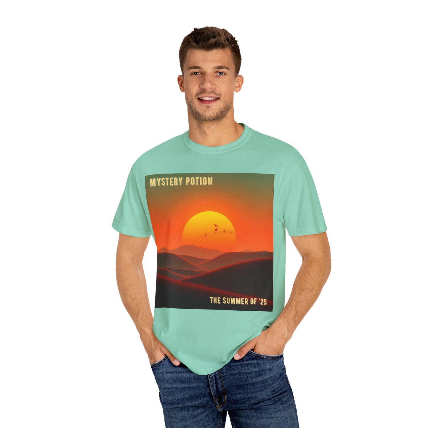 'The Summer of '25'  by Mystery Potion, Mystical Sunset T-Shirt - Unisex Garment-Dyed Tee, Retro Vibe, Bohemian Style, Summer Essential Swag