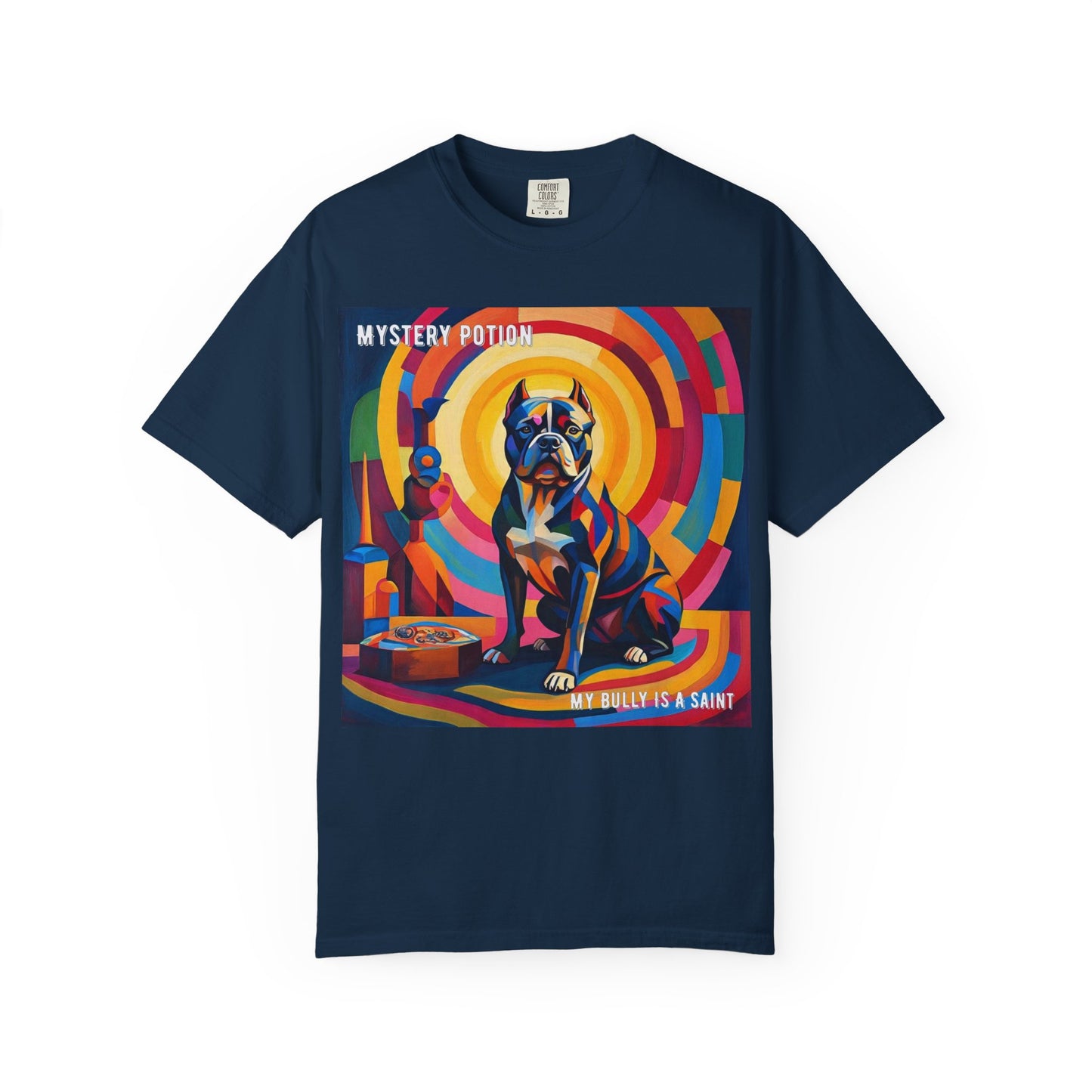 'My Bully Is A Saint' by Mystery Potion Colorful Dog Art T-shirt, Unisex Graphic Tee by Mystery Potion, Perfect for Pet Lovers, Comfy Casual Wear, Great Gift for Dog Lovers