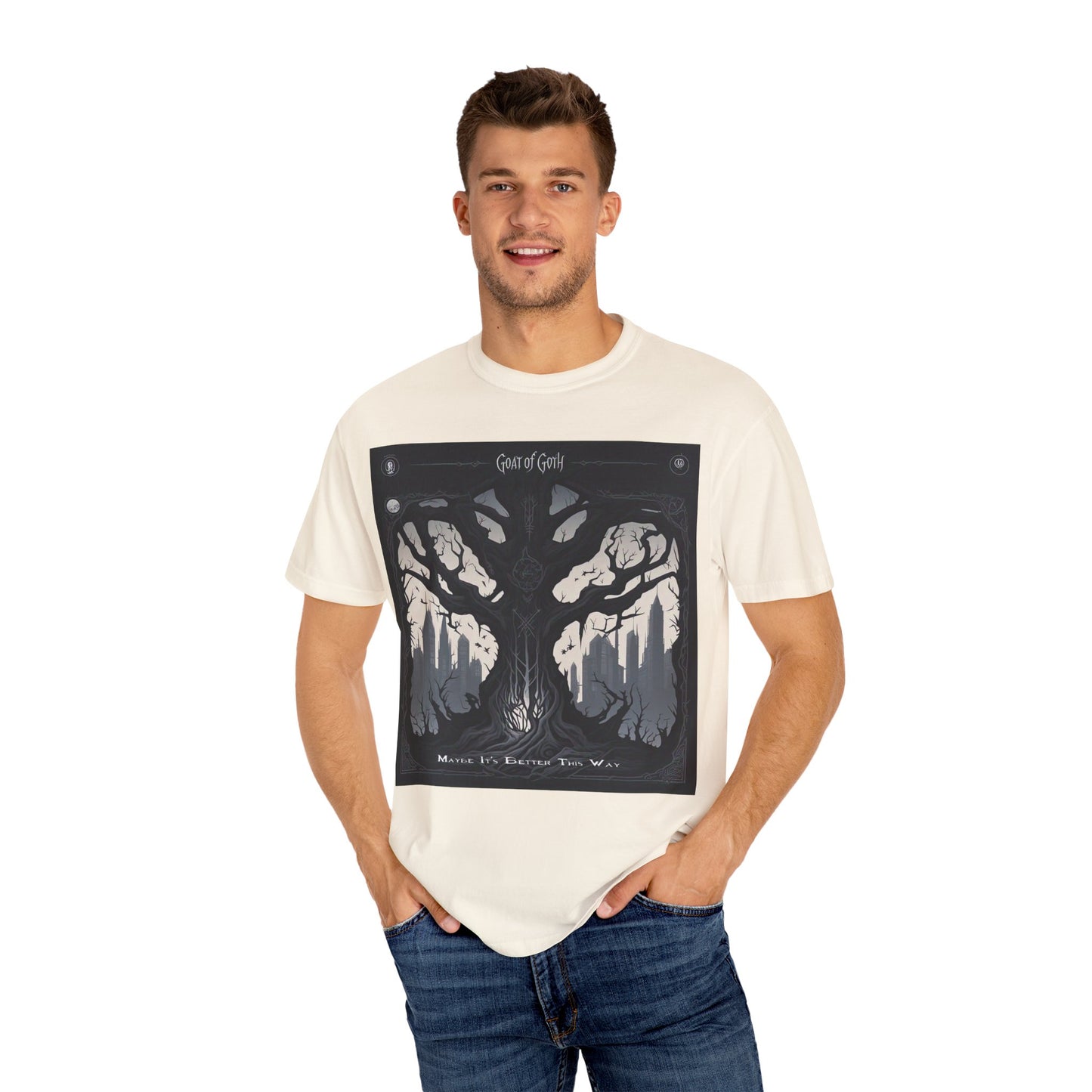 Gothic Tree T-Shirt, GOAT of Goth Unisex Cotton Tee for Nature Lovers, Unique Graphic Tee, Perfect for Festivals, Gift for Adventurers, Eco-Friendly Wear