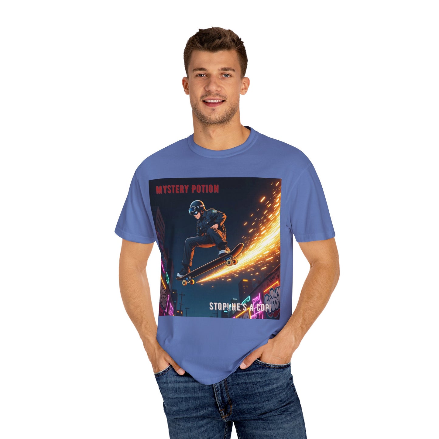 'Stop! He's A Cop!' by Mystery Potion, Skateboard Hardcore Punk T-shirt, Cozy Graphic Tee, Perfect Gift for Skaters, Unisex Streetwear Shirt, Trendy Casual Wear