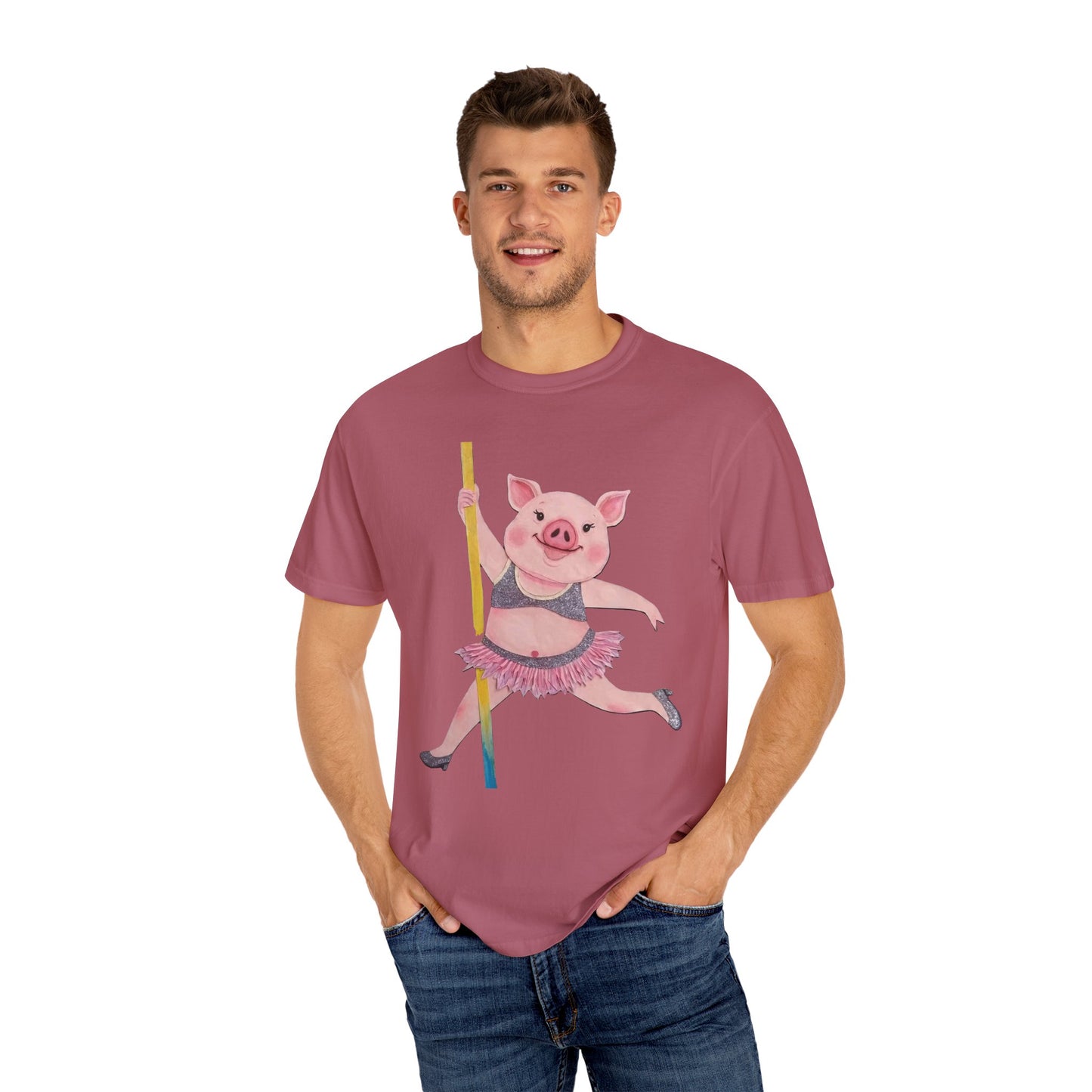 'Playful Pig' T-Shirt, Fun Graphic Tee, Animal Lover Gift, Unique Apparel, Funny T-Shirt, Cute Pig Shirt, Pole-Dancers and Pole Dancing Pig.